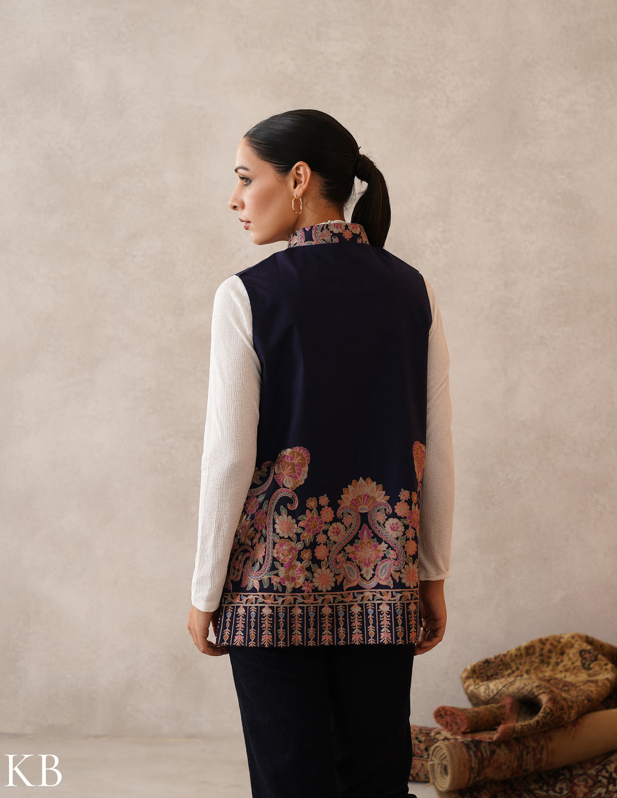 Nayaab Navy Blue Kashmiri Aari Fine Wool Waistcoat - Kashmir Box