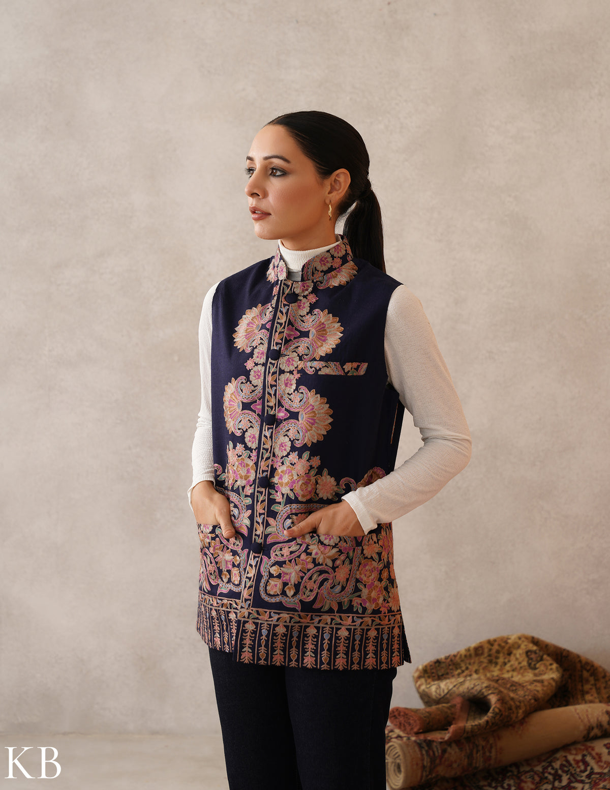 Nayaab Navy Blue Kashmiri Aari Fine Wool Waistcoat - Kashmir Box
