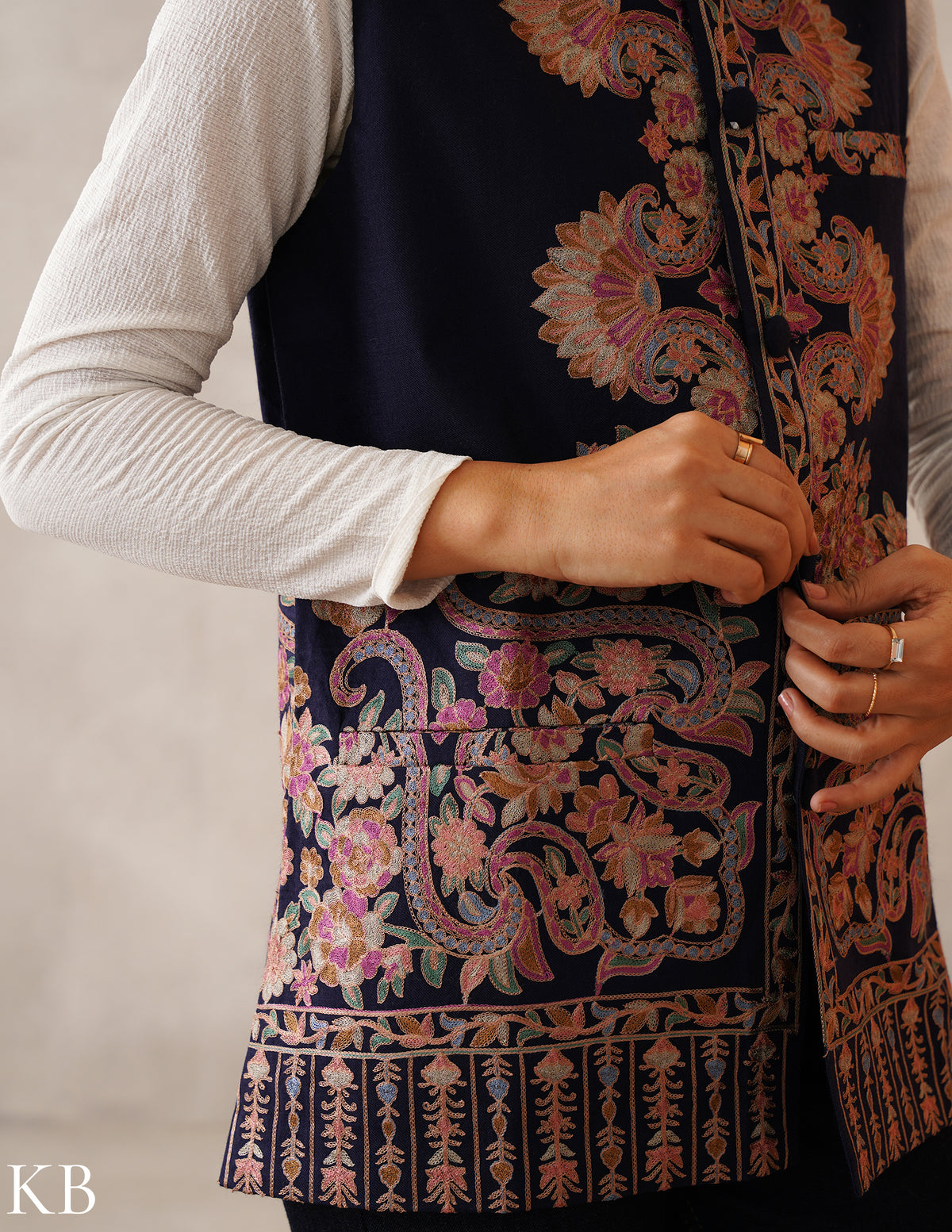 Nayaab Navy Blue Kashmiri Aari Fine Wool Waistcoat - Kashmir Box
