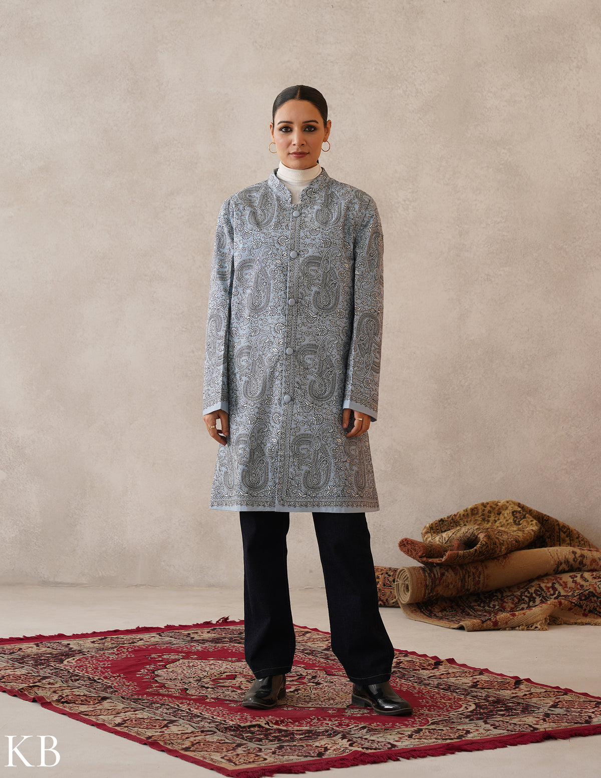 Nayaab Columbia Blue Kashmiri Sozni Embroidered Fine Wool Long Jacket - Kashmir Box