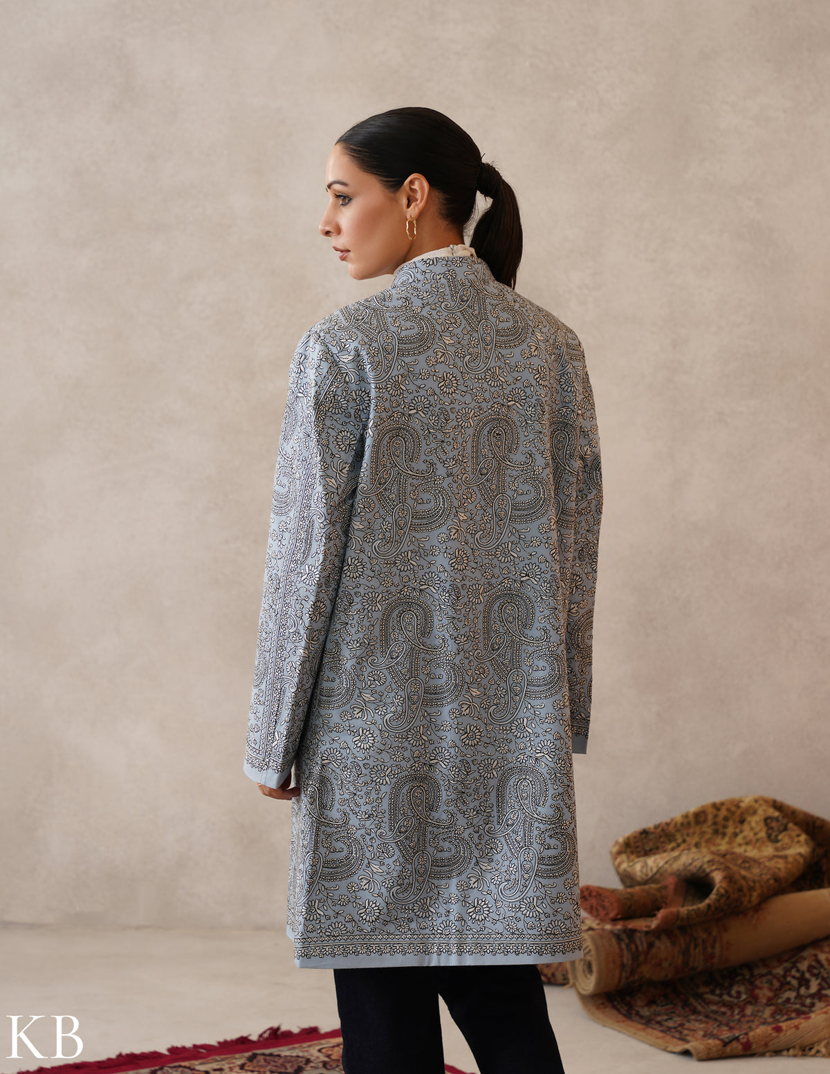 Nayaab Columbia Blue Kashmiri Sozni Embroidered Fine Wool Long Jacket - Kashmir Box