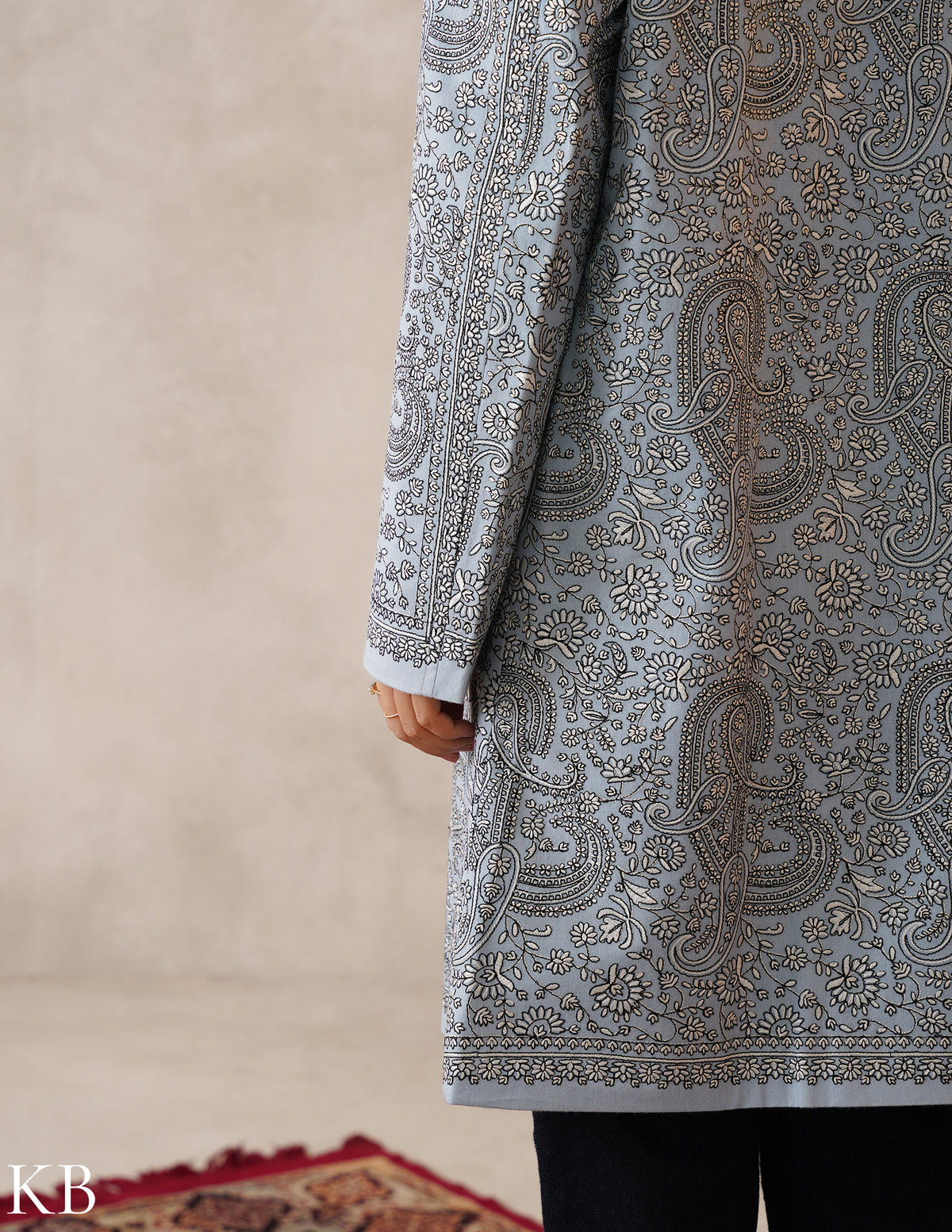 Nayaab Columbia Blue Kashmiri Sozni Embroidered Fine Wool Long Jacket - Kashmir Box