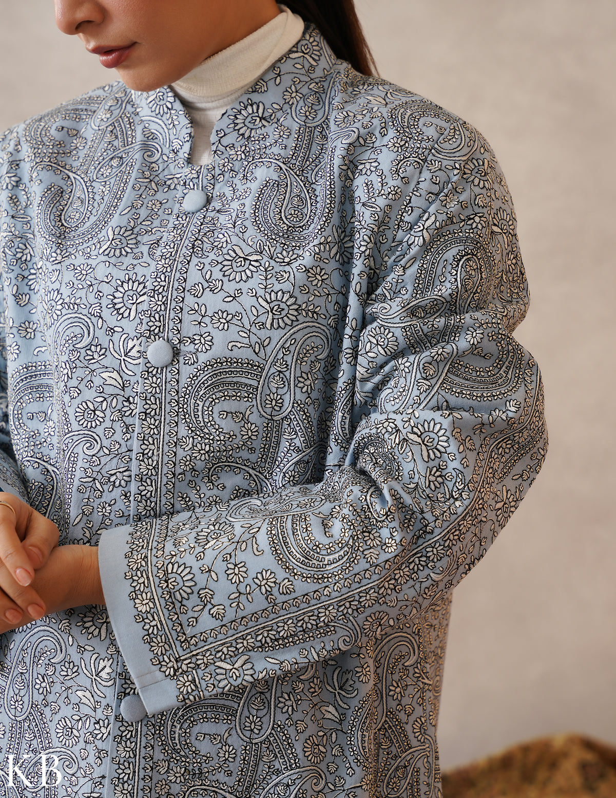 Nayaab Columbia Blue Kashmiri Sozni Embroidered Fine Wool Long Jacket - Kashmir Box