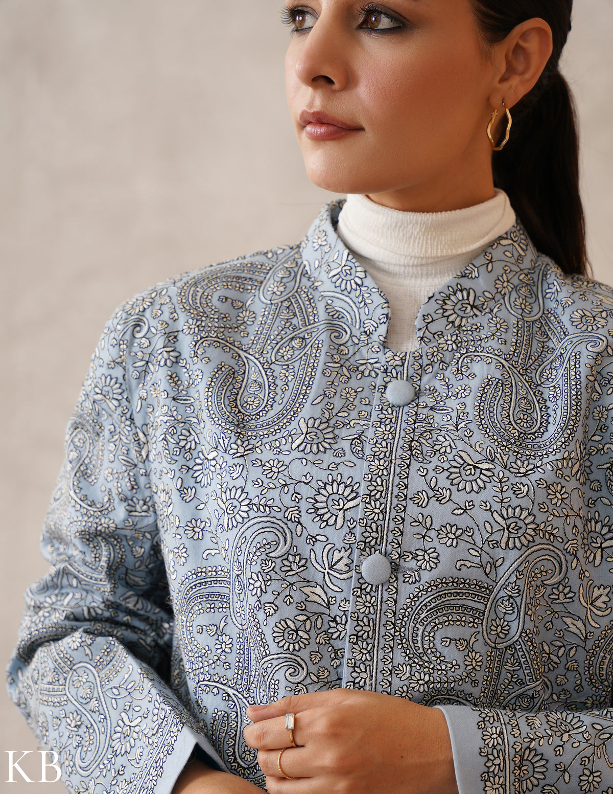 Nayaab Columbia Blue Kashmiri Sozni Embroidered Fine Wool Long Jacket - Kashmir Box