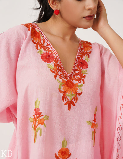 Cotton Candy Pink Embroidered Short Kaftan - Kashmir Box
