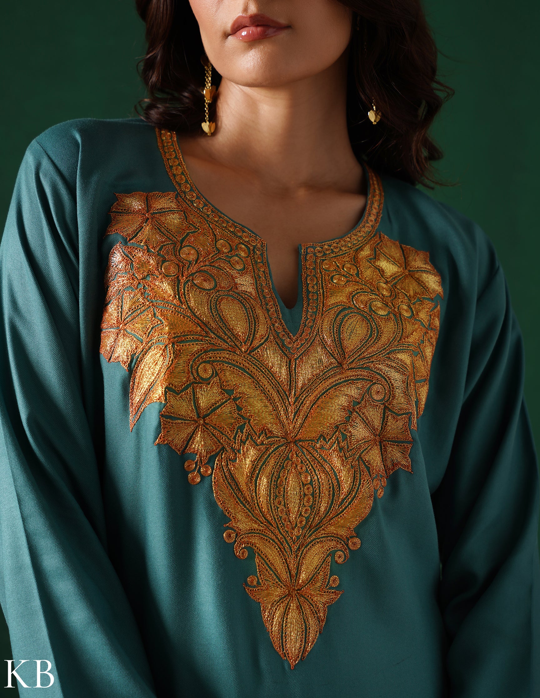 Kashmiri Golden Boti Tilla Embroidered Woollen Coordset – Sea Green | Handcrafted Heritage - Kashmir Box