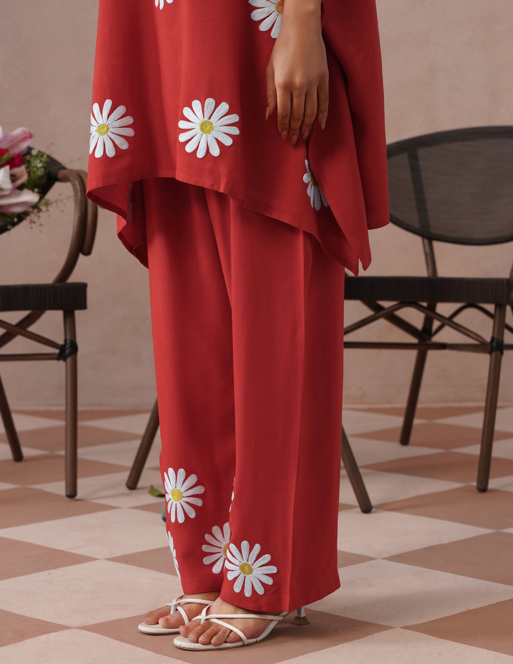 Blush Maroon Rayon Kaftan Set – White Aari Embroidery | Elegant Comfort Wear - Kashmir Box