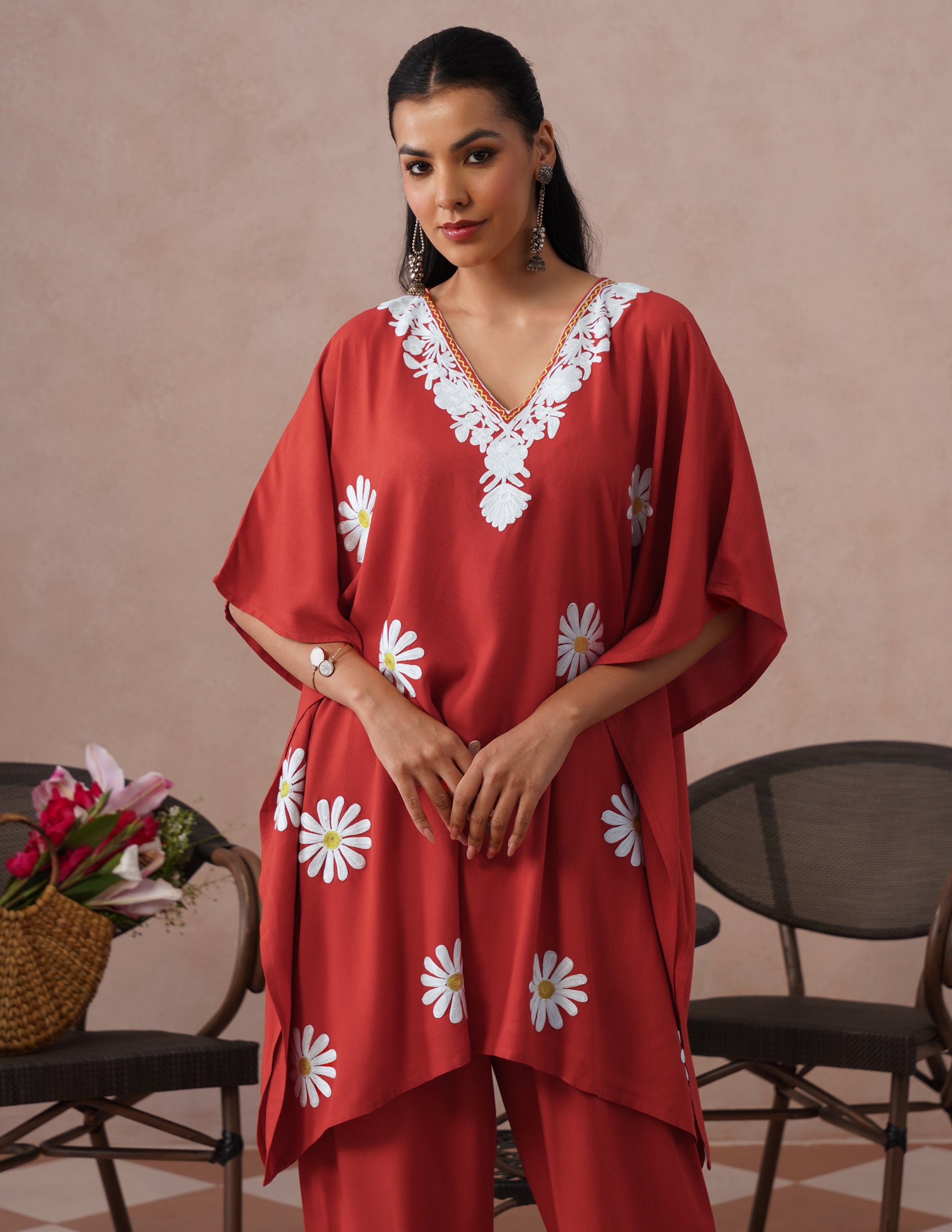Blush Maroon Rayon Kaftan Set – White Aari Embroidery | Elegant Comfort Wear - Kashmir Box