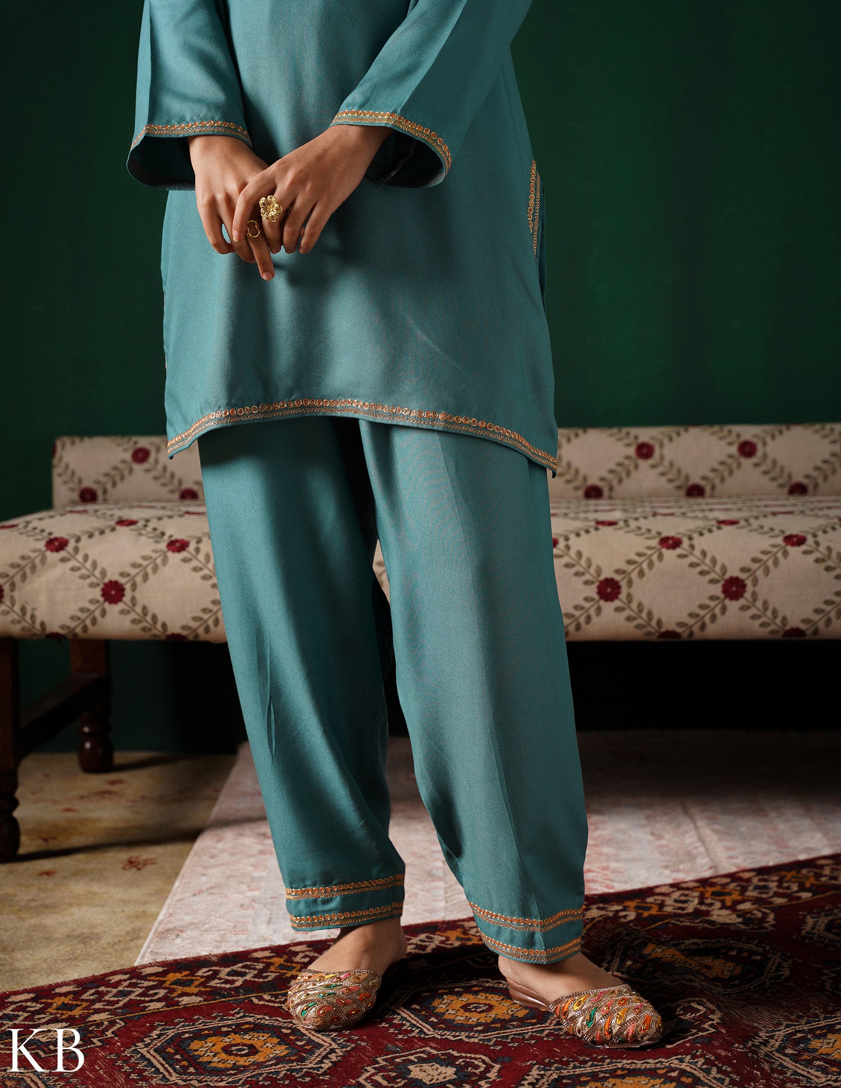 Kashmiri Golden Boti Tilla Embroidered Woollen Coordset – Sea Green | Handcrafted Heritage - Kashmir Box