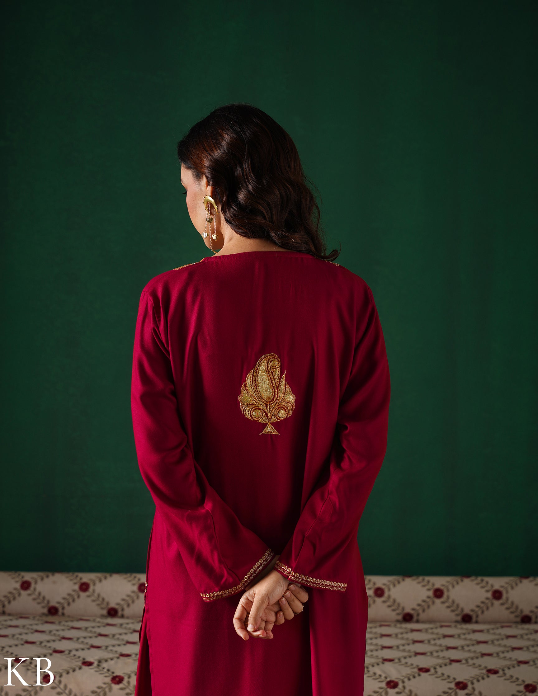 Kashmiri Golden Boti Tilla Embroidered Woollen Coordset – Maroon | Handcrafted Heritage - Kashmir Box