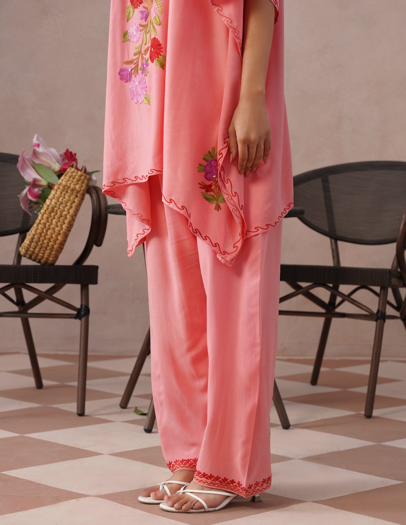 Pink Rayon Kaftan Set – Multicolor Aari Embroidery | Comfortable Casual Ethnic Wear - Kashmir Box