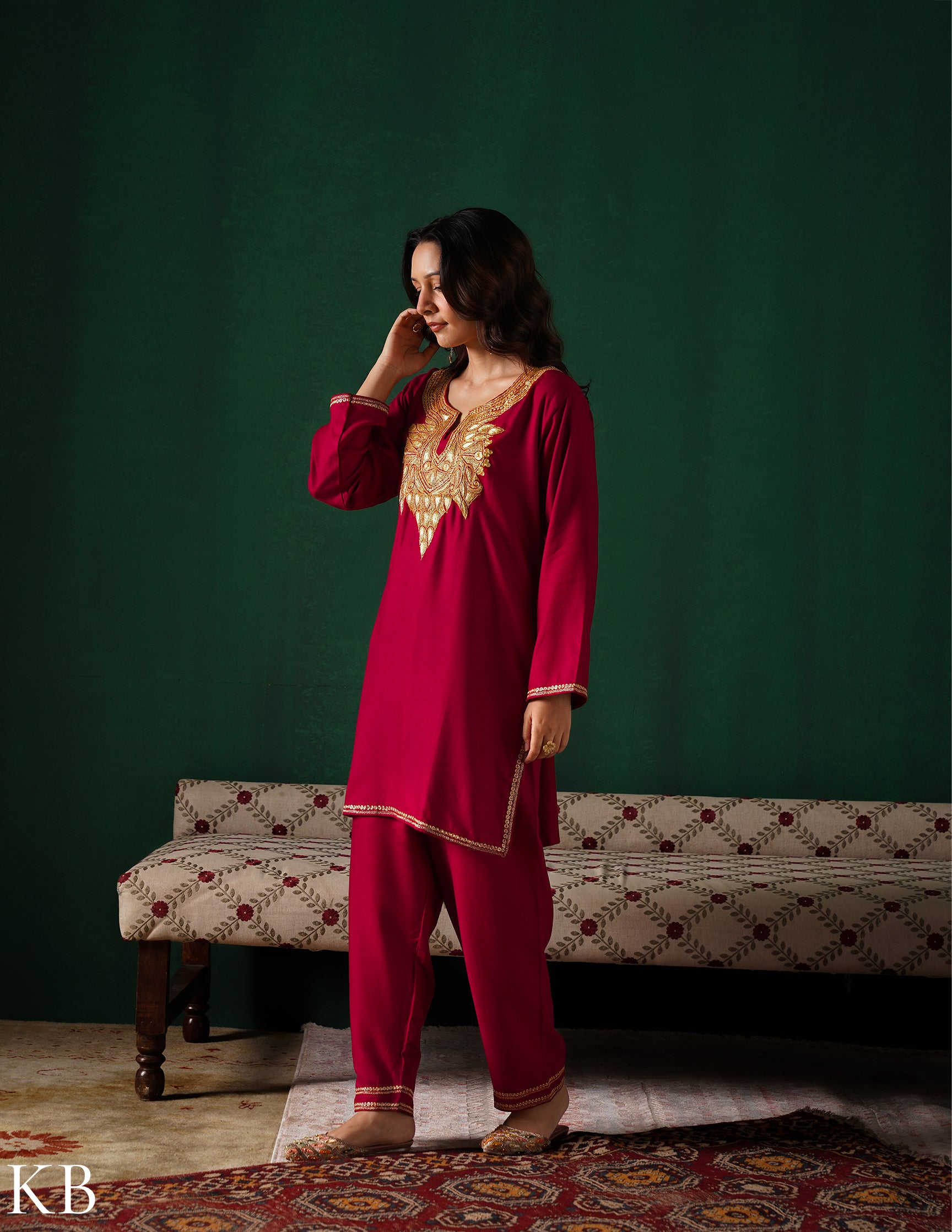 Kashmiri Golden Boti Tilla Embroidered Woollen Coordset – Maroon | Handcrafted Heritage - Kashmir Box