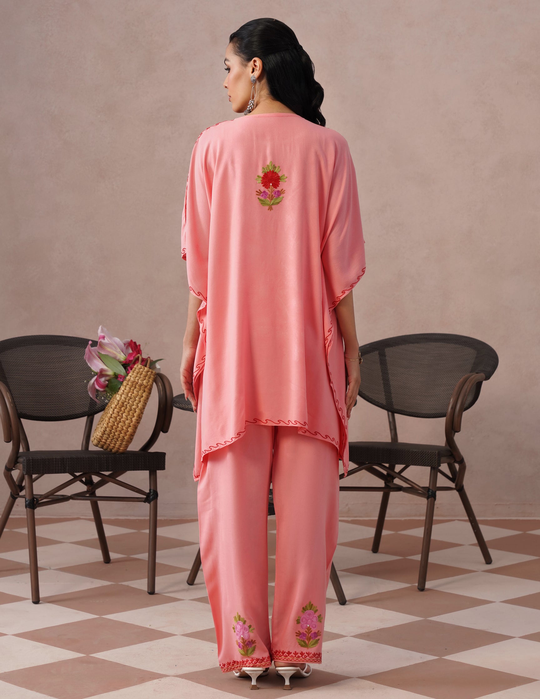 Pink Rayon Kaftan Set – Multicolor Aari Embroidery | Comfortable Casual Ethnic Wear - Kashmir Box