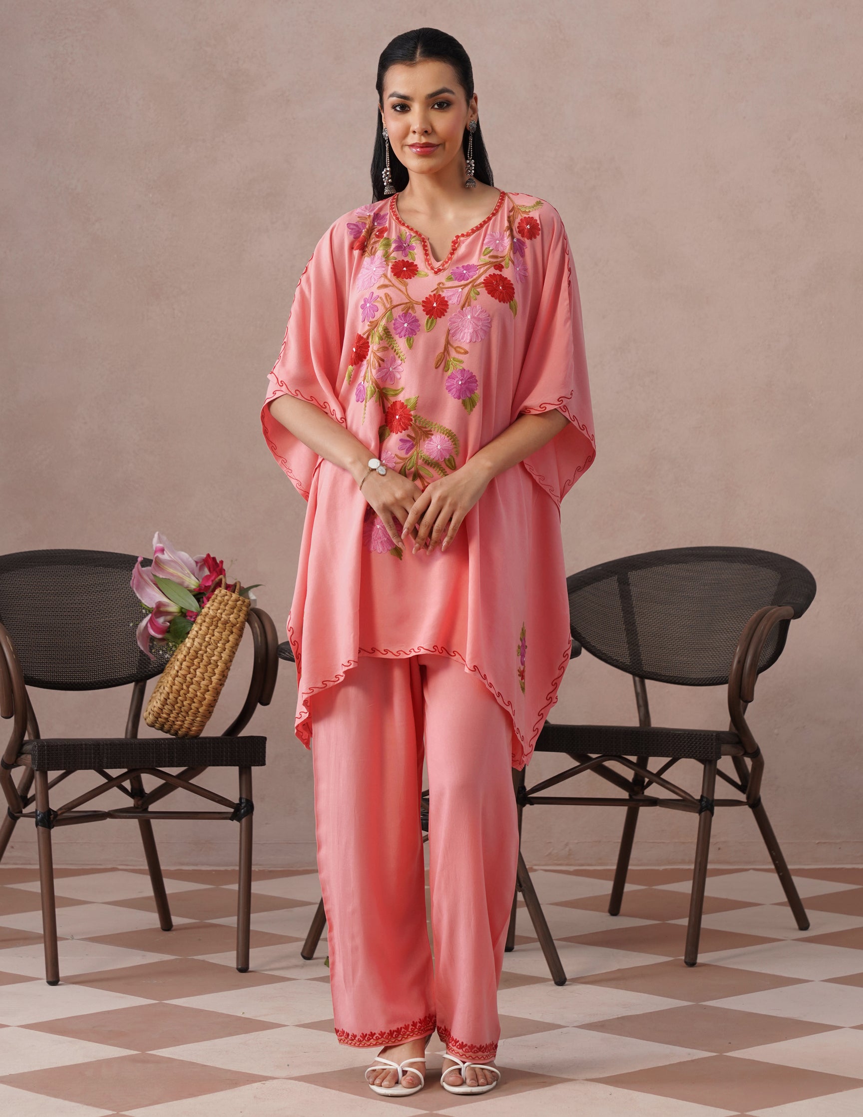 Pink Rayon Kaftan Set – Multicolor Aari Embroidery | Comfortable Casual Ethnic Wear - Kashmir Box