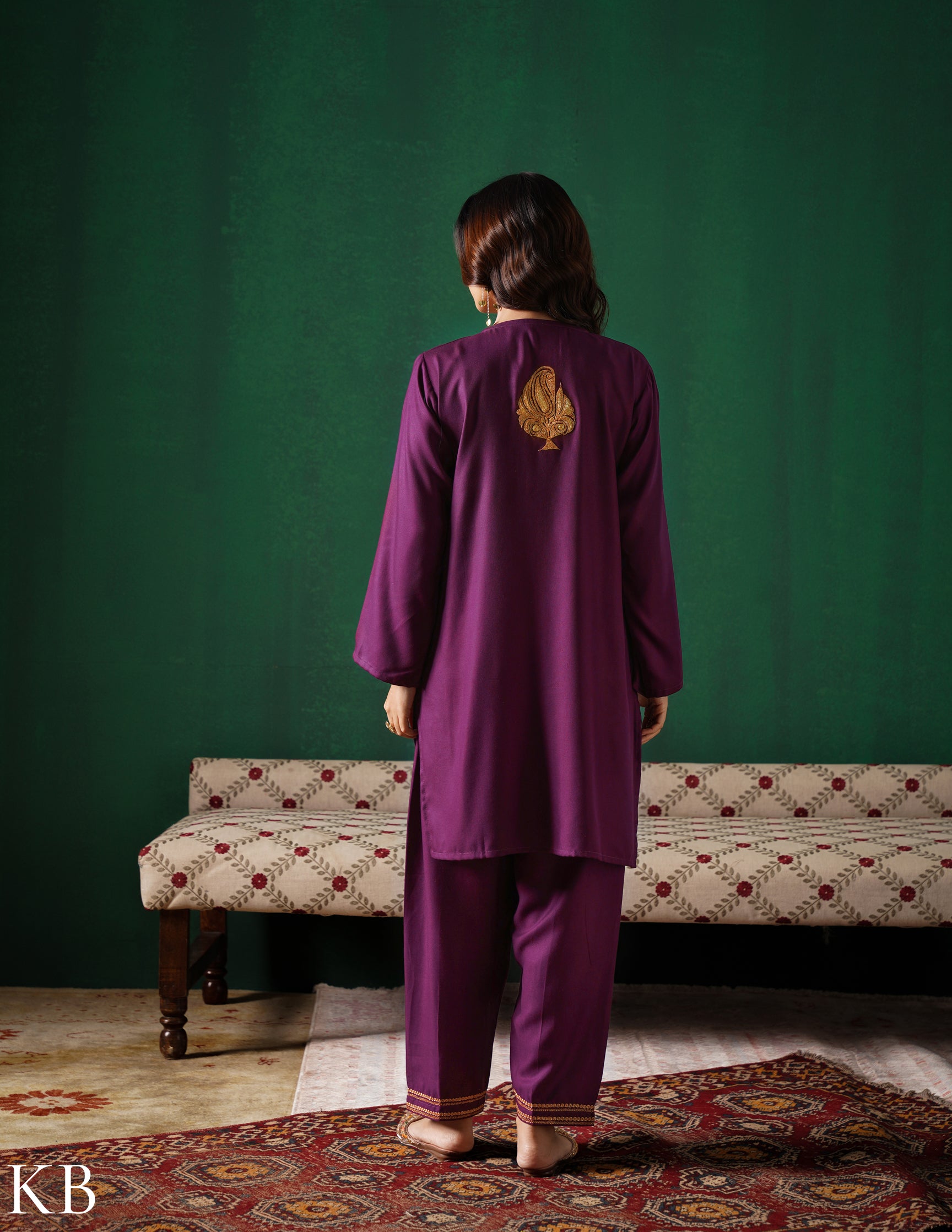 Kashmiri Golden Boti Tilla Embroidered Woollen Coordset – Wine | Handcrafted Heritage - Kashmir Box