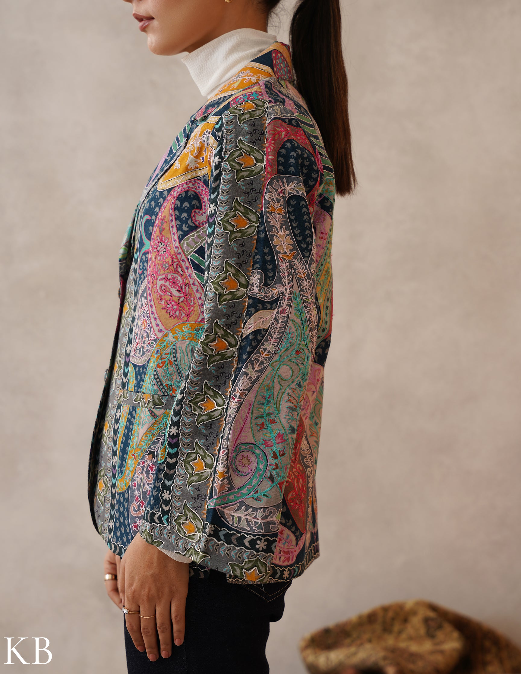 Nayaab Multicolour Kalamkari Print Sozni Outlined Fine Wool Blazer - Kashmir Box