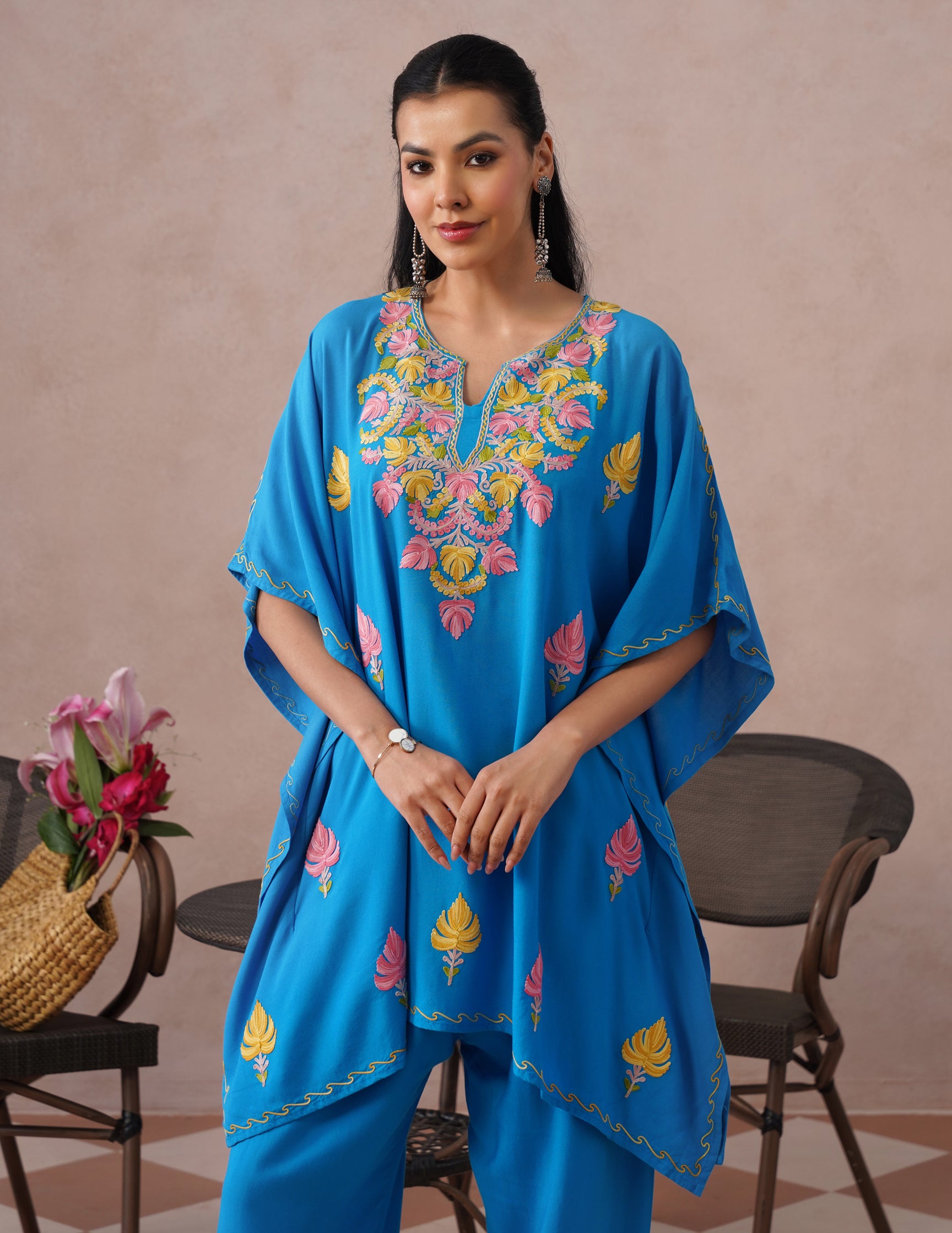 Blue Rayon Kaftan Set – Multicolor Embroidery | Everyday Comfort Ethnic Wear - Kashmir Box