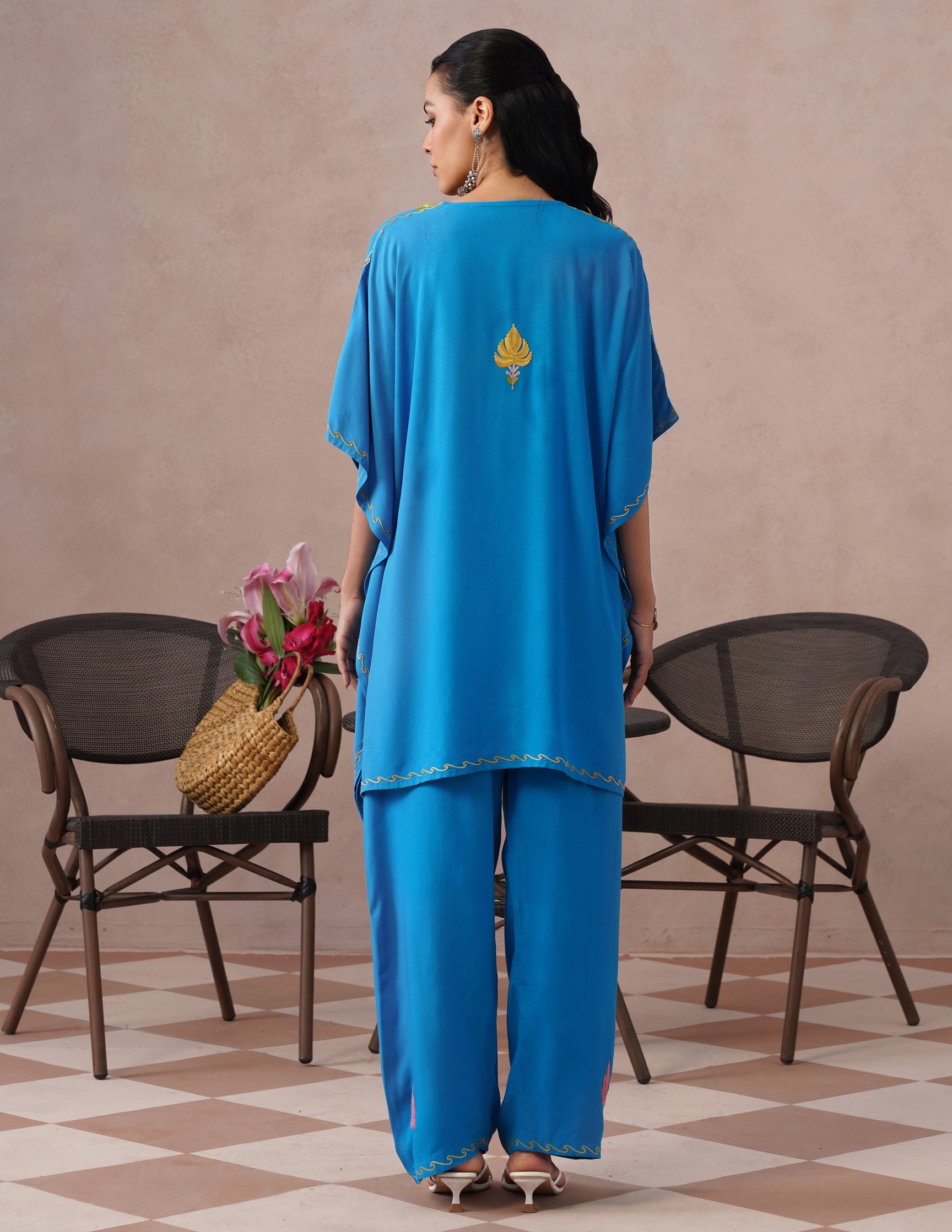 Blue Rayon Kaftan Set – Multicolor Embroidery | Everyday Comfort Ethnic Wear - Kashmir Box