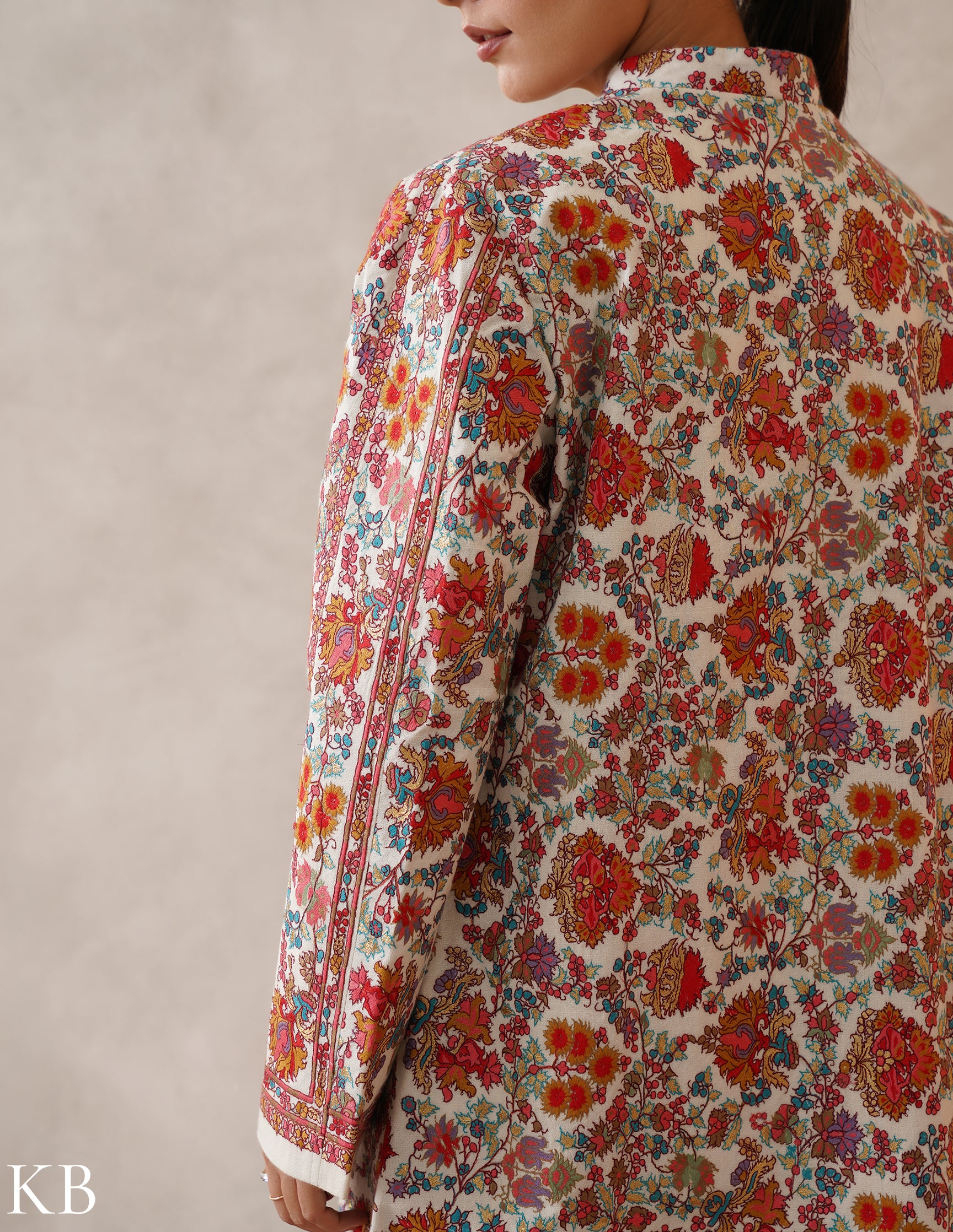 Nayaab Off-White Kashmiri Sozni Fine Wool Long Jacket - Kashmir Box