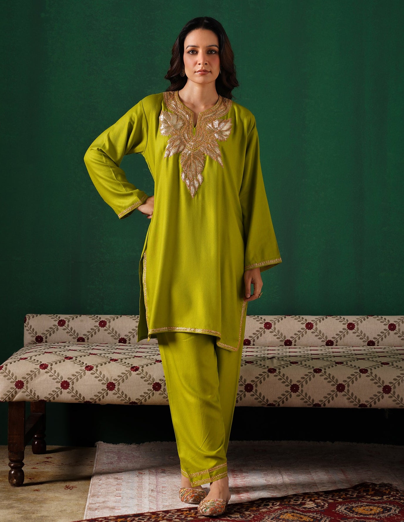 Kashmiri Golden Boti Tilla Embroidered Woollen Coordset – Lime Green | Handcrafted Heritage - Kashmir Box