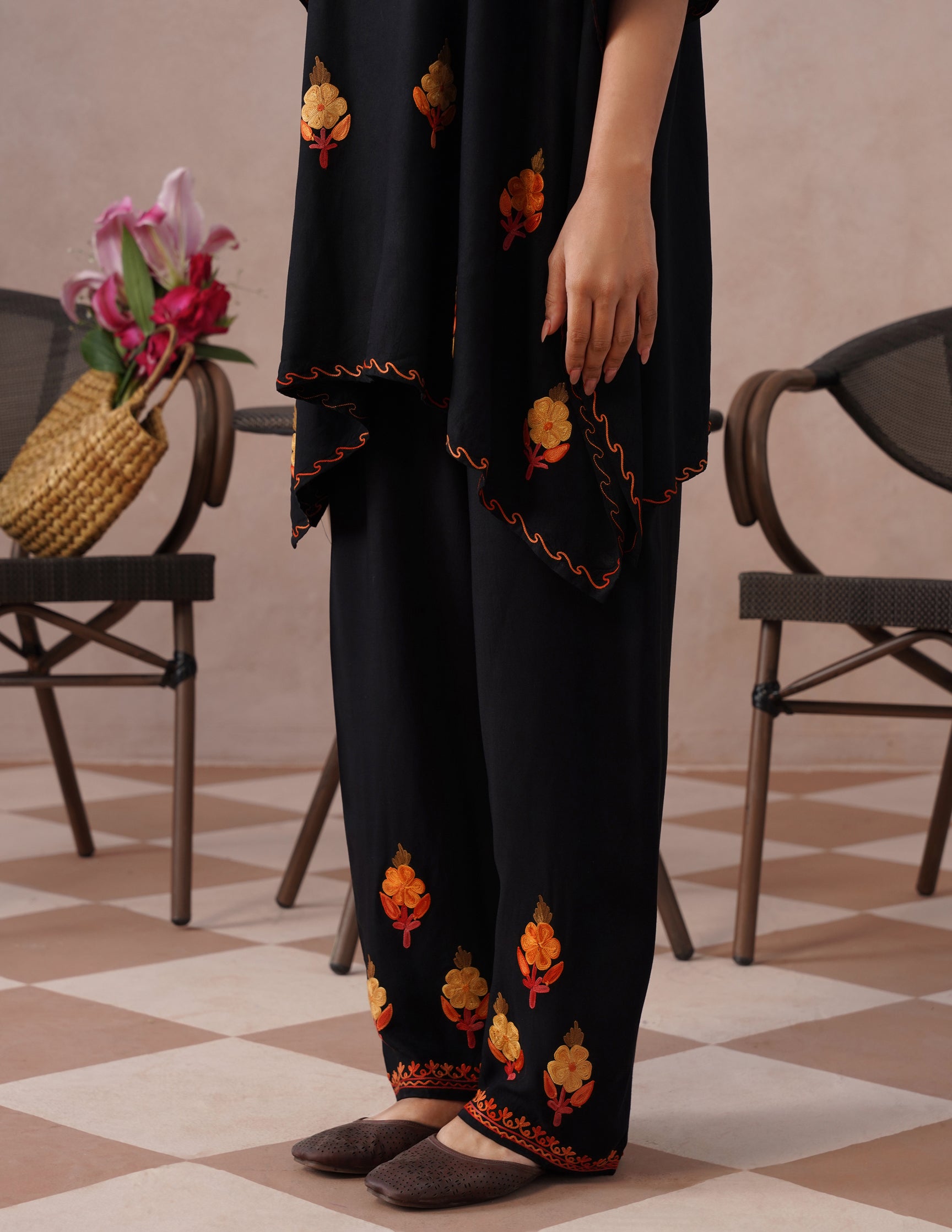 Black Rayon Kaftan Set – Multicolor Embroidery | Versatile Daily Comfort Wear - Kashmir Box