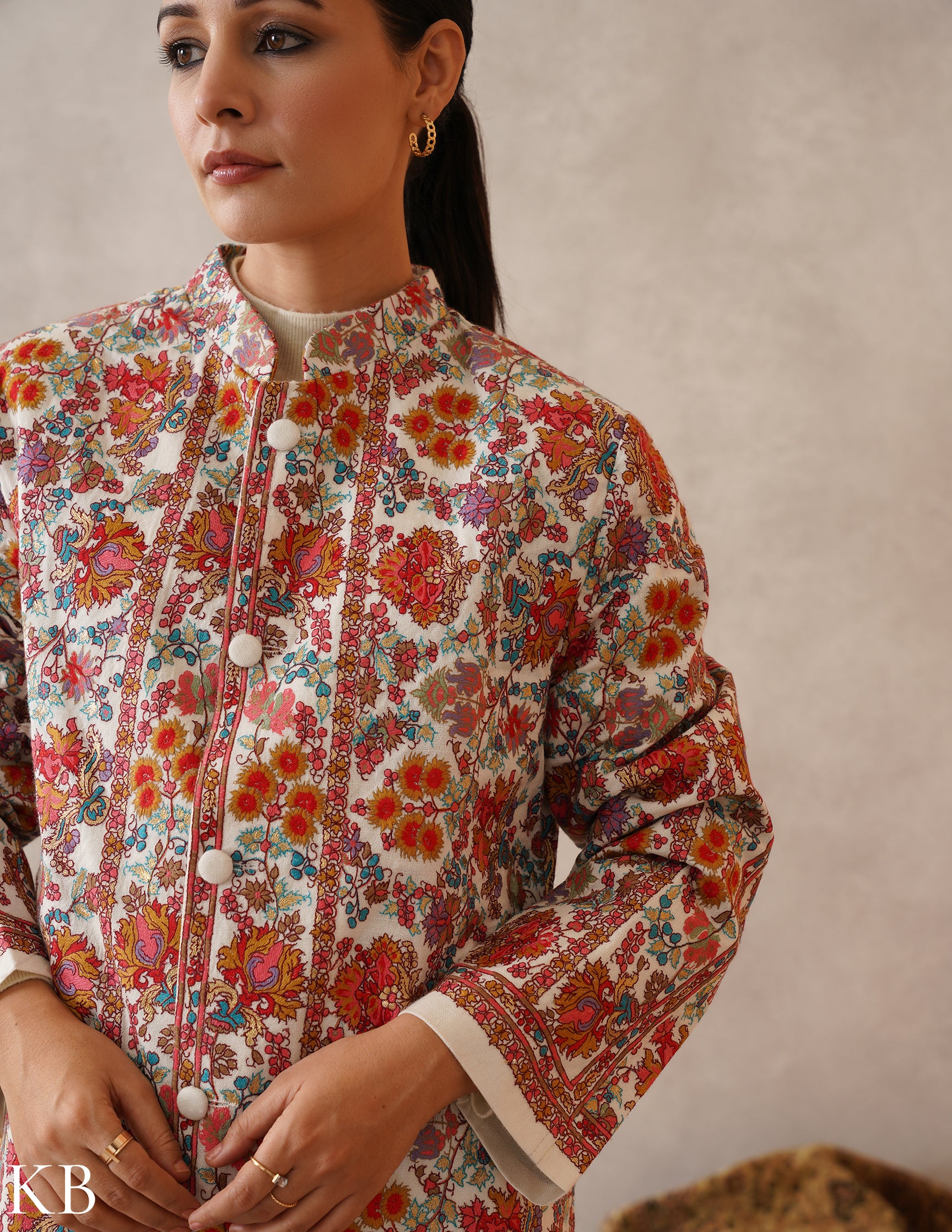 Nayaab Off-White Kashmiri Sozni Fine Wool Long Jacket - Kashmir Box