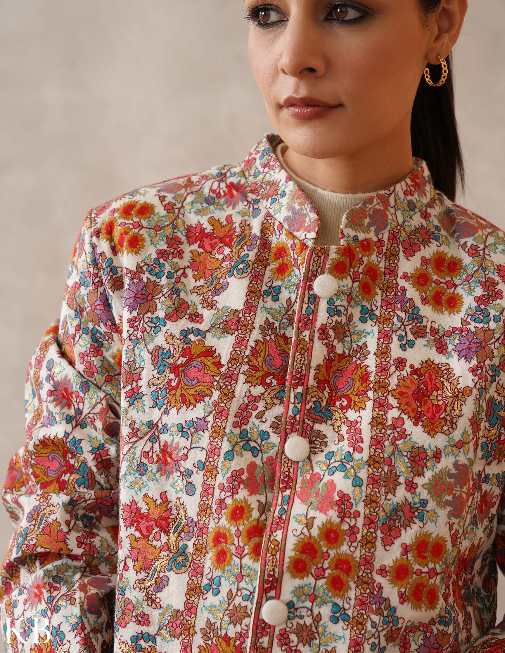 Nayaab Off-White Kashmiri Sozni Fine Wool Long Jacket - Kashmir Box