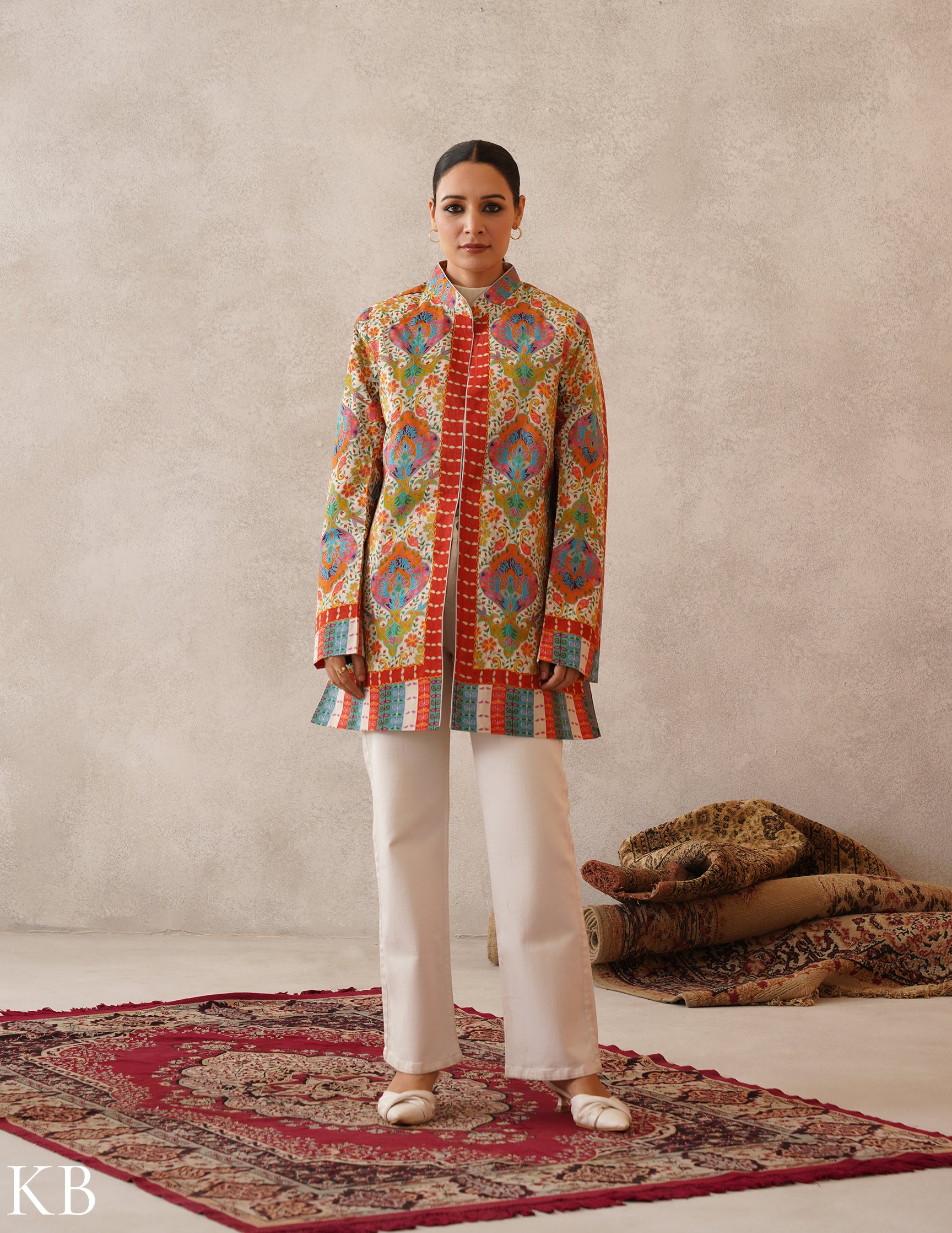 Nayaab Cream Kalamkari Print Sozni Outlined Fine Wool Jacket - Kashmir Box