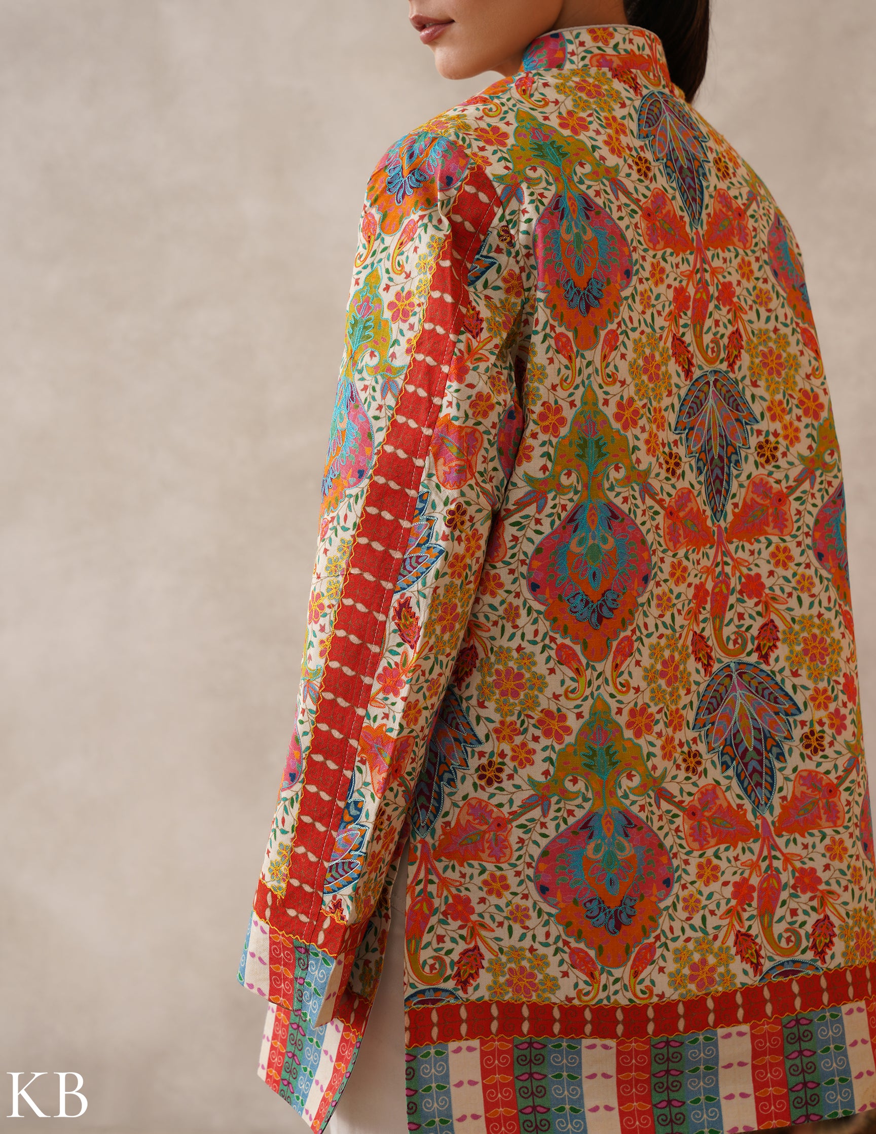 Nayaab Cream Kalamkari Print Sozni Outlined Fine Wool Jacket - Kashmir Box
