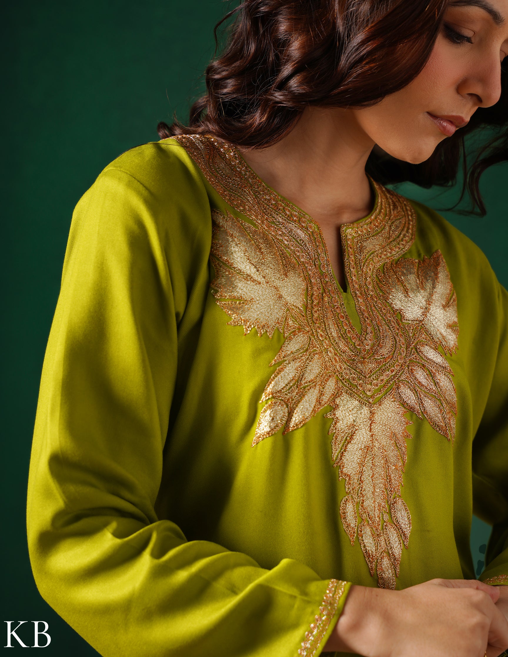 Kashmiri Golden Boti Tilla Embroidered Woollen Coordset – Lime Green | Handcrafted Heritage - Kashmir Box