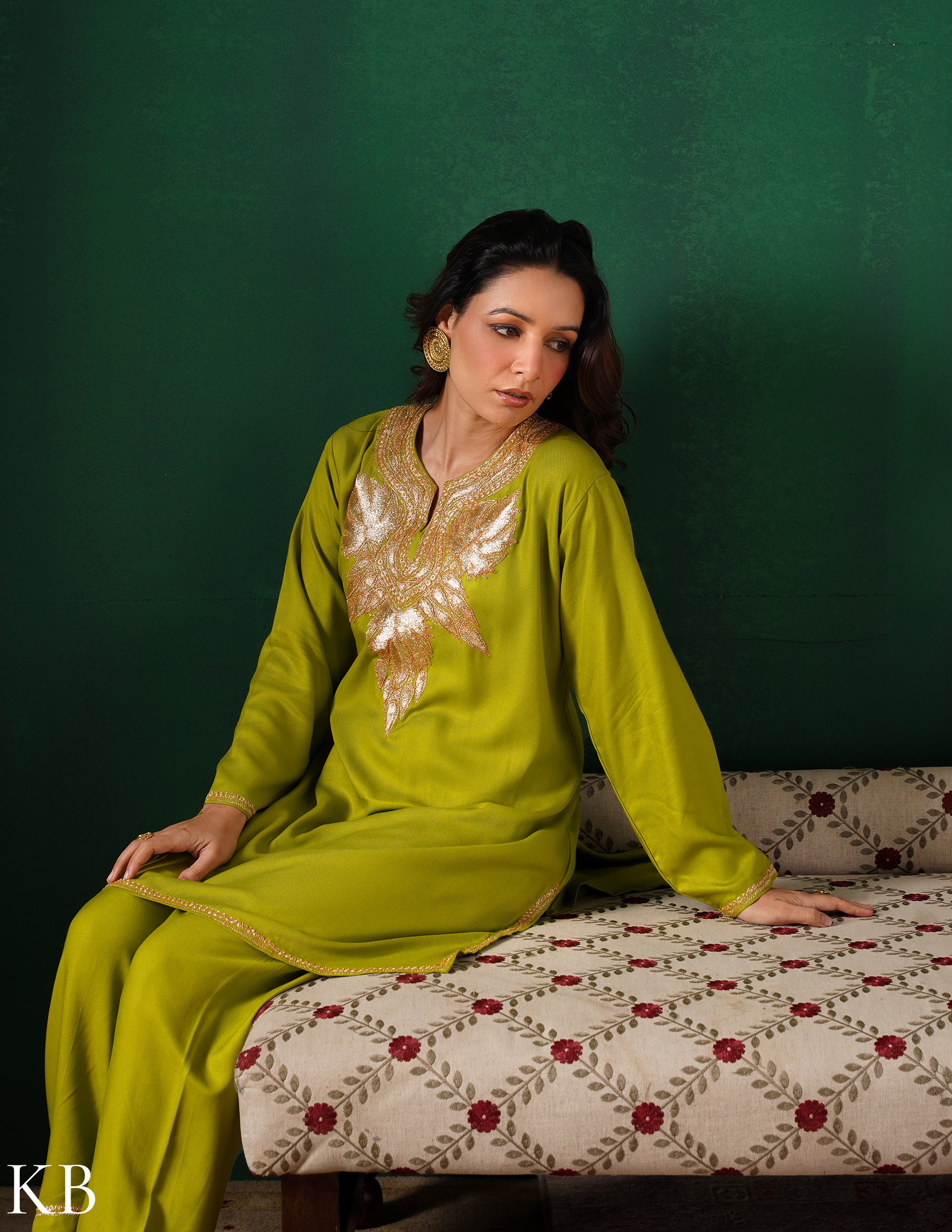 Kashmiri Golden Boti Tilla Embroidered Woollen Coordset – Lime Green | Handcrafted Heritage - Kashmir Box