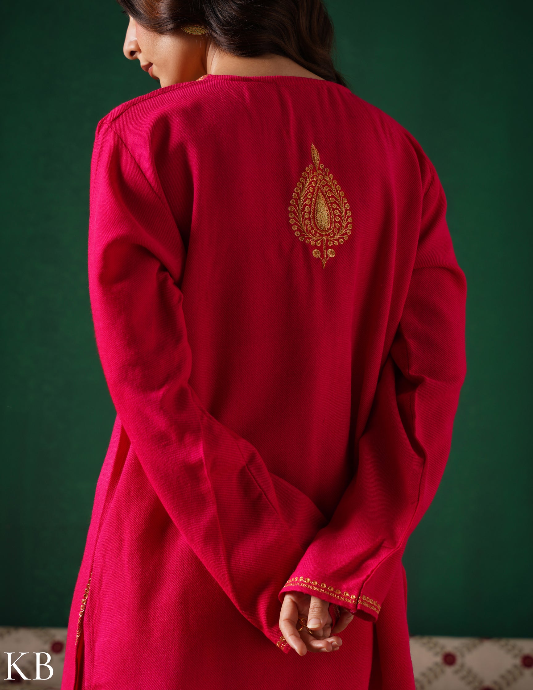 Kashmiri Golden Boti Tilla Embroidered Woollen Coordset – Dark Pink | Handcrafted Heritage - Kashmir Box