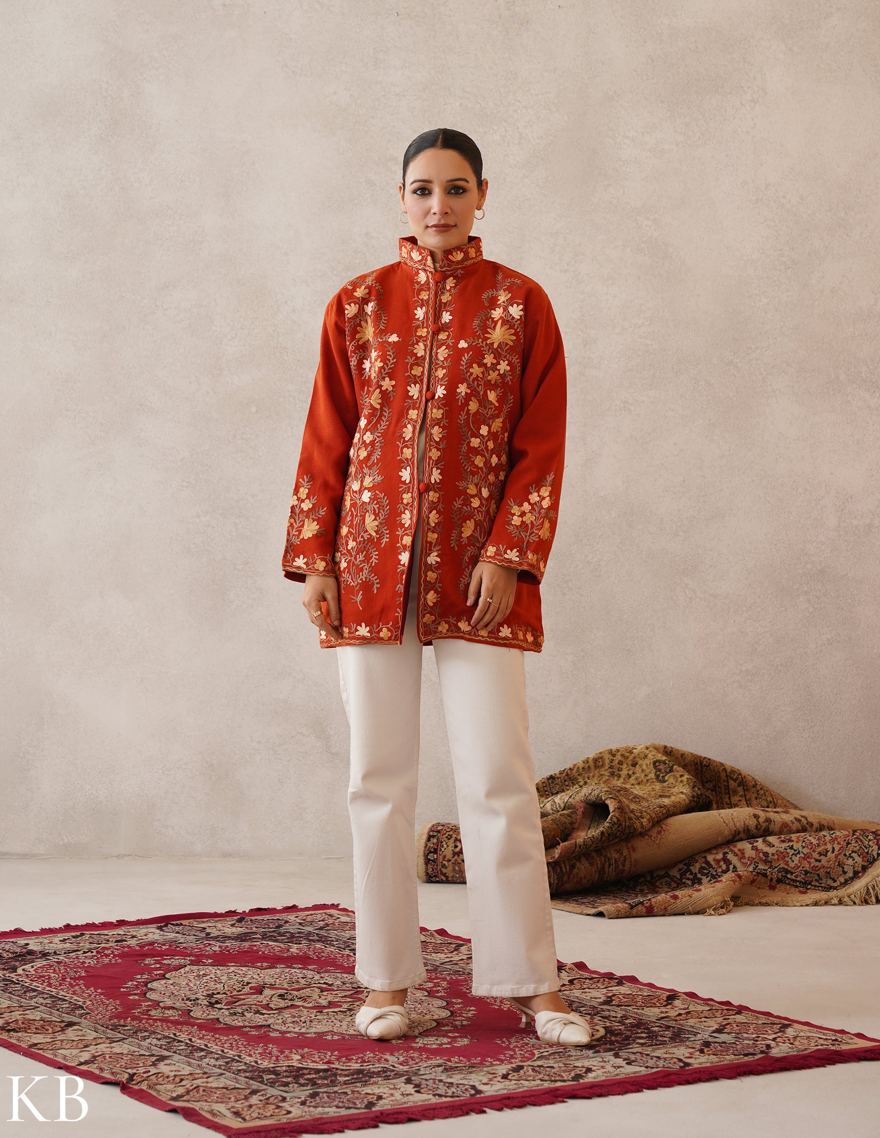 Nayaab Rust Orange Kashmiri Aari Cashmilon Jacket - Kashmir Box