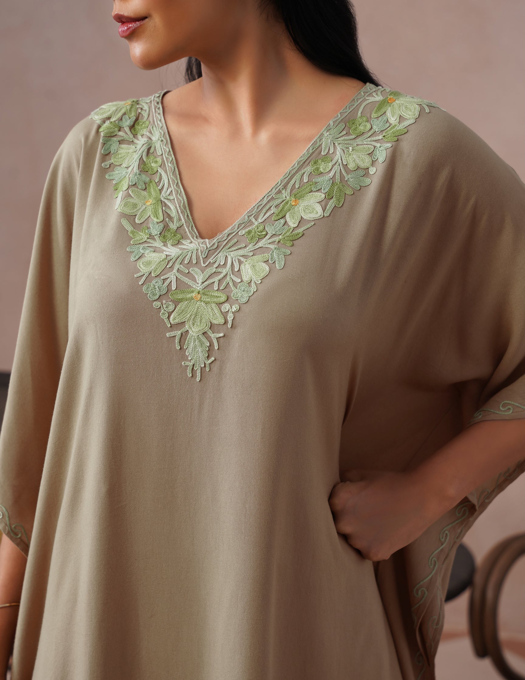 Mouse Grey Rayon Kaftan – Green Embroidery | Single Piece Comfort Ethnic Wear - Kashmir Box