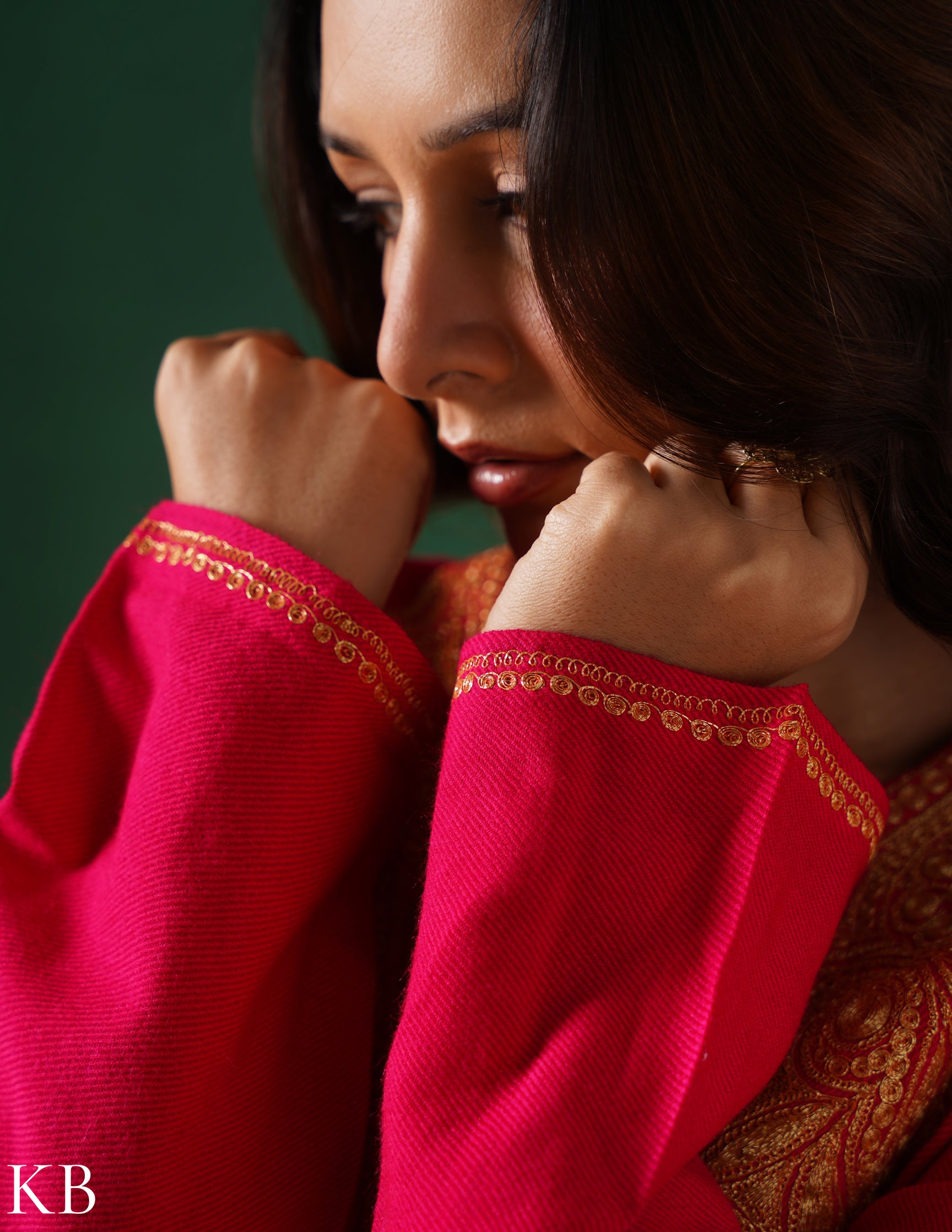 Kashmiri Golden Boti Tilla Embroidered Woollen Coordset – Dark Pink | Handcrafted Heritage - Kashmir Box