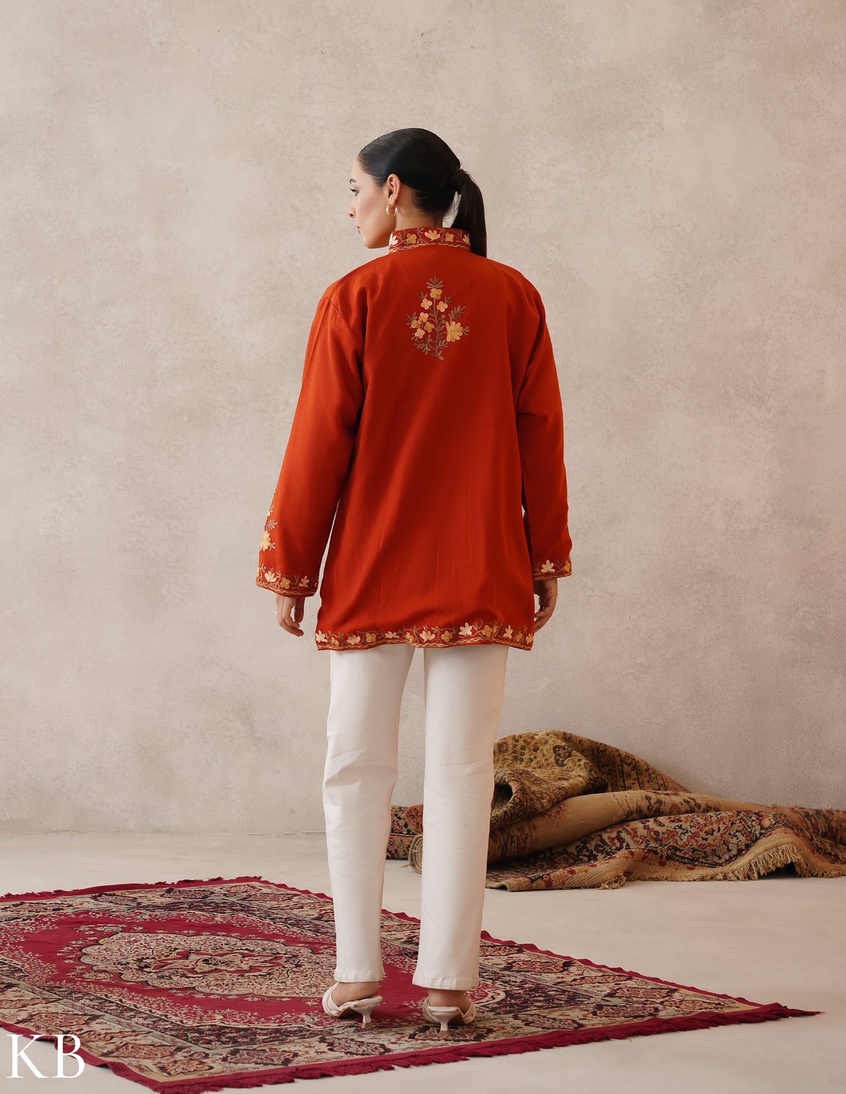 Nayaab Rust Orange Kashmiri Aari Cashmilon Jacket - Kashmir Box