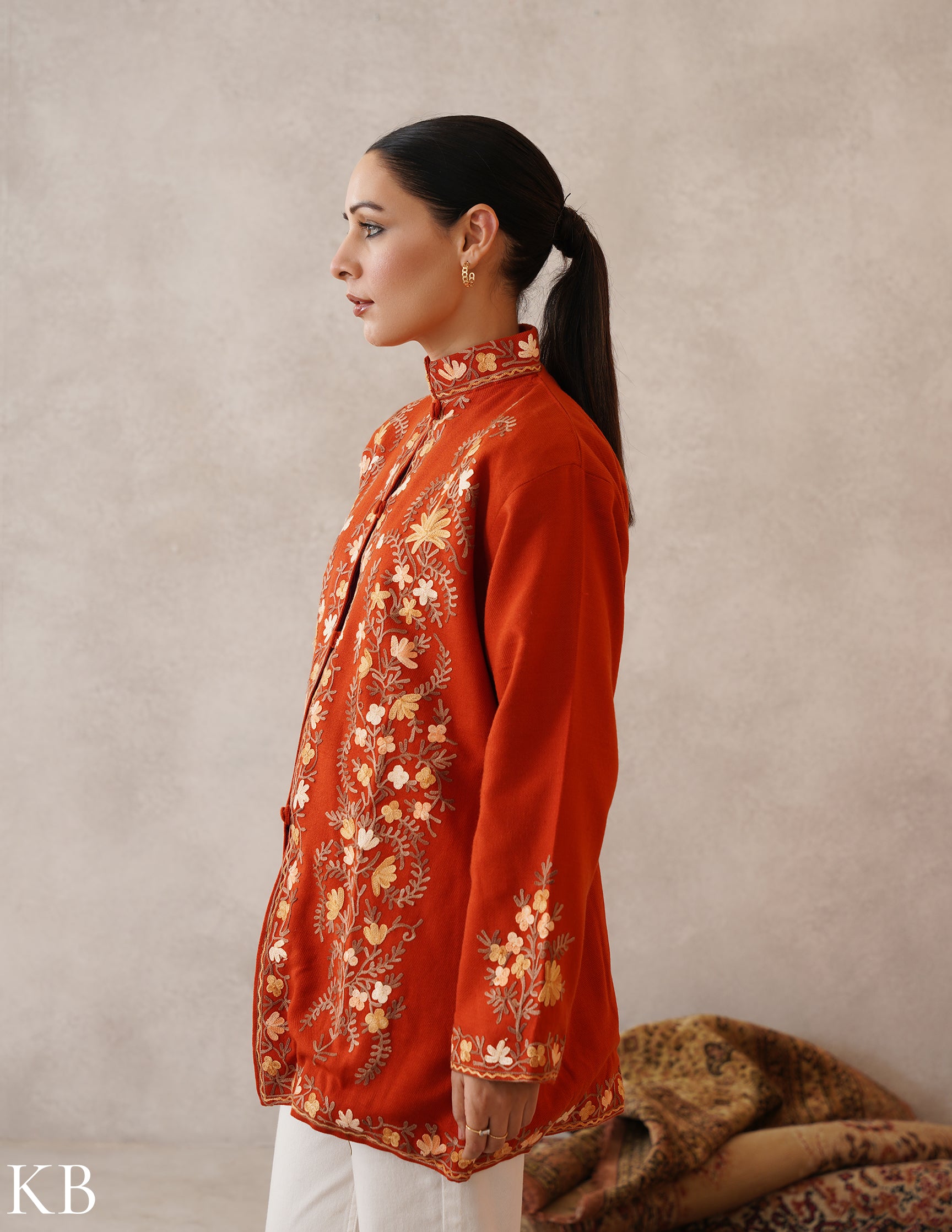 Nayaab Rust Orange Kashmiri Aari Cashmilon Jacket - Kashmir Box
