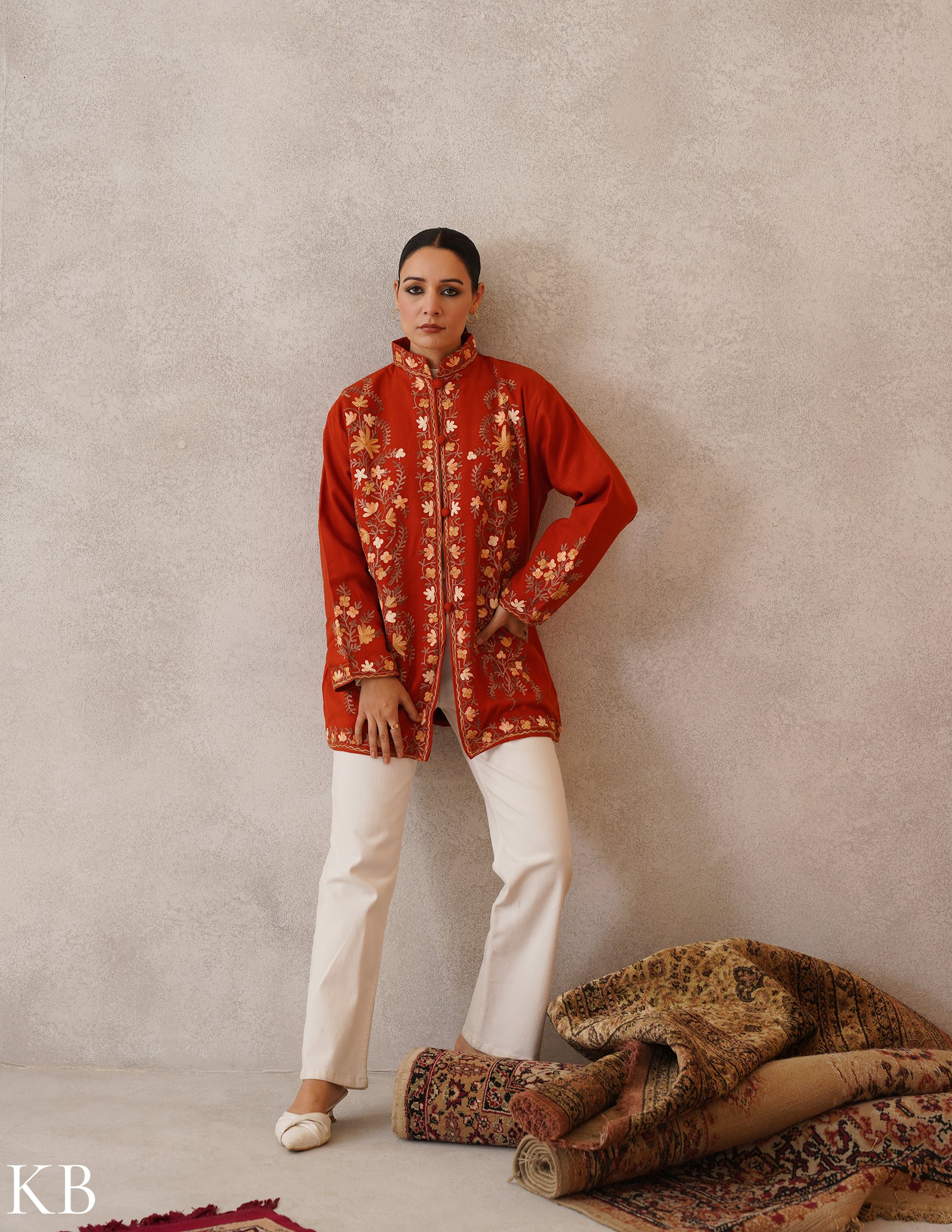 Nayaab Rust Orange Kashmiri Aari Cashmilon Jacket - Kashmir Box