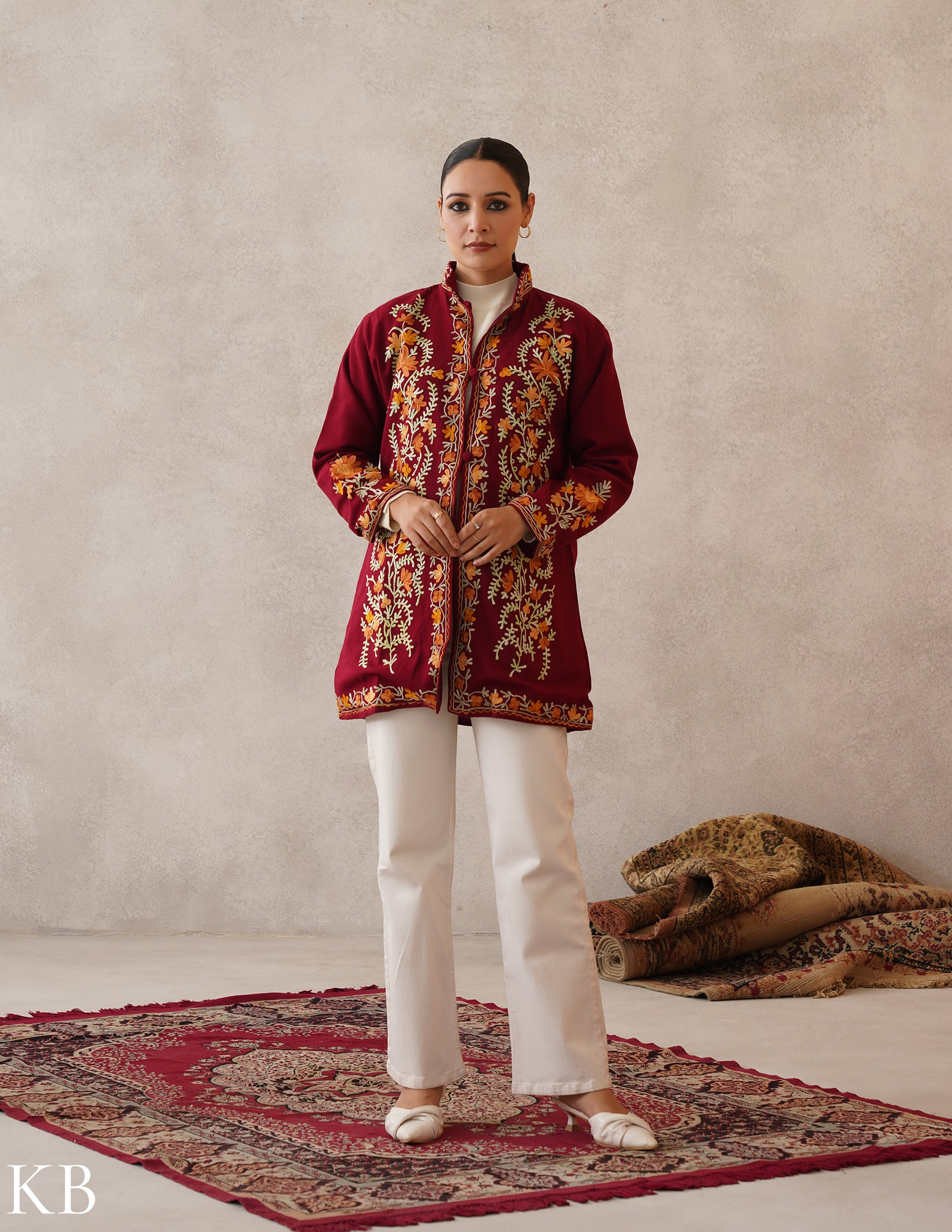 Nayaab Maroon Red Kashmiri Aari Cashmilon Jacket - Kashmir Box