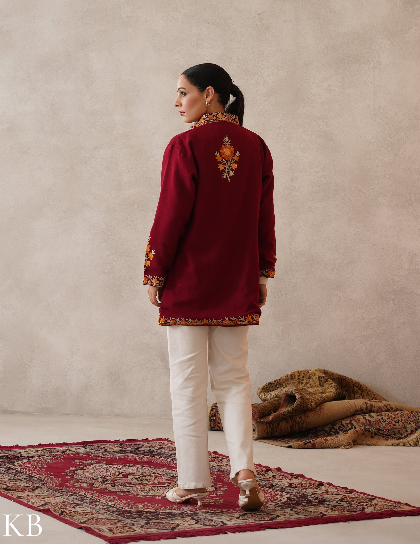 Nayaab Maroon Red Kashmiri Aari Cashmilon Jacket - Kashmir Box