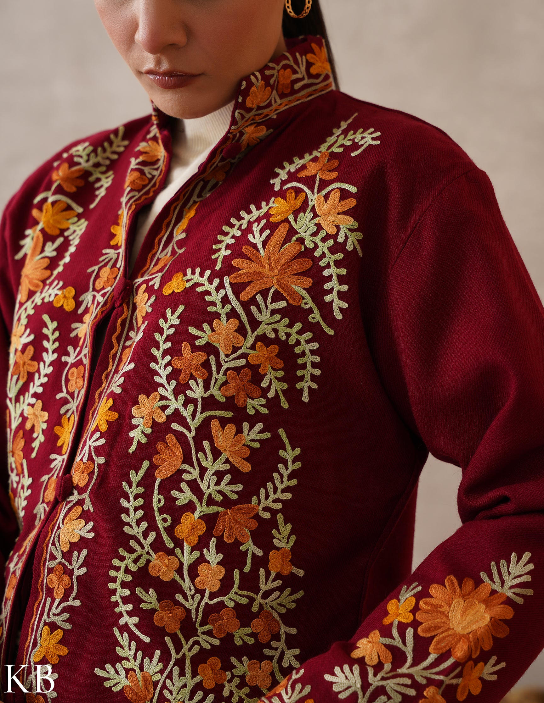 Nayaab Maroon Red Kashmiri Aari Cashmilon Jacket - Kashmir Box