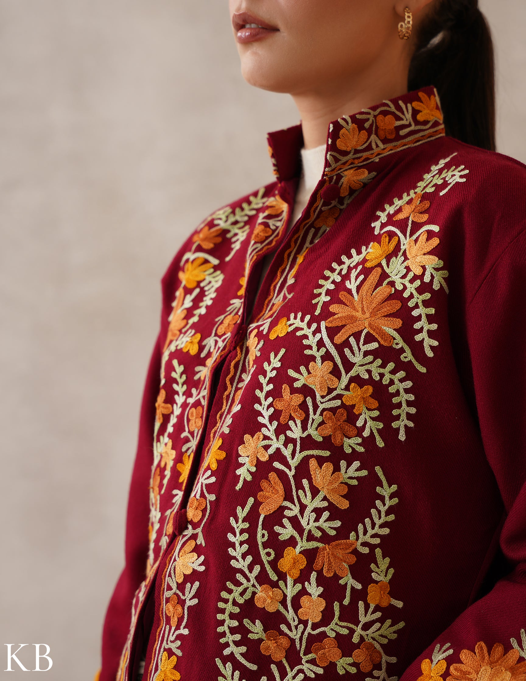 Nayaab Maroon Red Kashmiri Aari Cashmilon Jacket - Kashmir Box