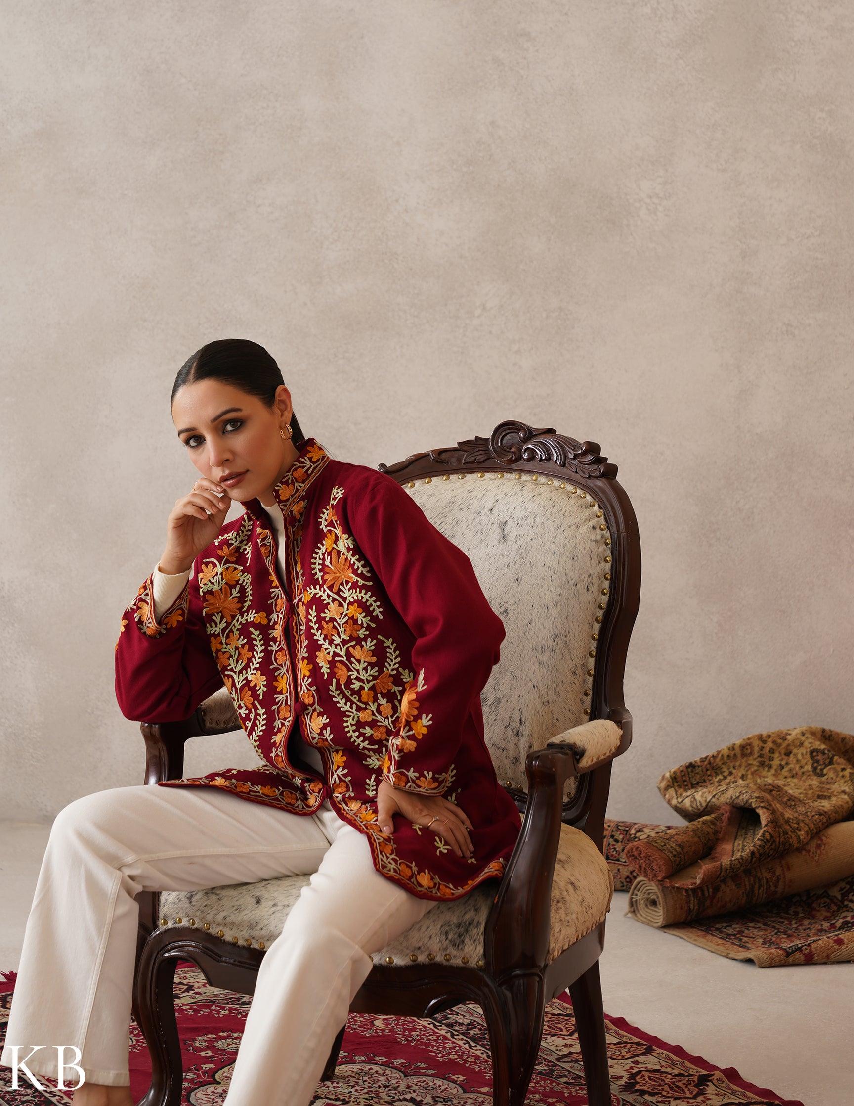 Nayaab Maroon Red Kashmiri Aari Cashmilon Jacket - Kashmir Box