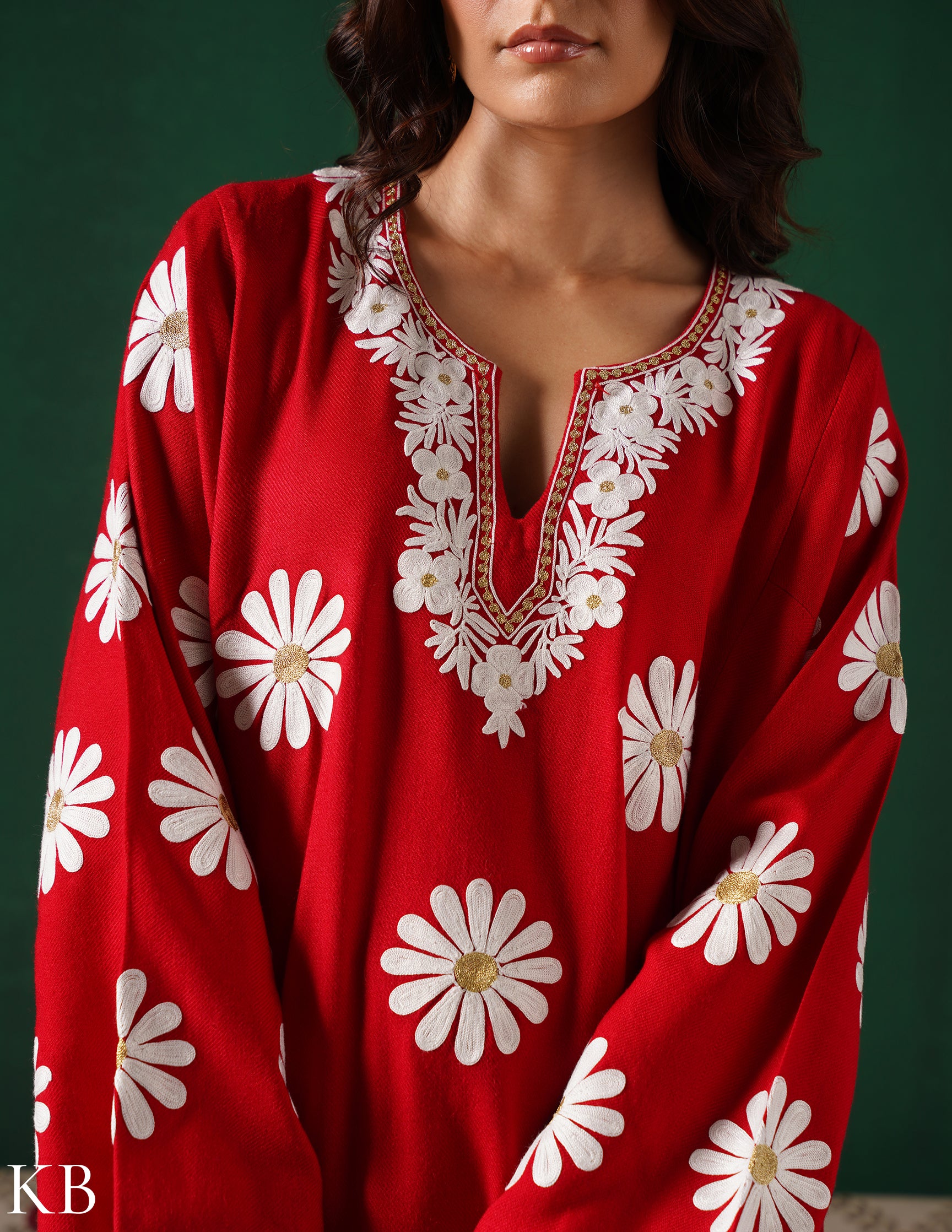 Kashmiri White Aari & Silver Zari Embroidered Woollen Phiran – Maroon | Timeless Winter Wear - Kashmir Box