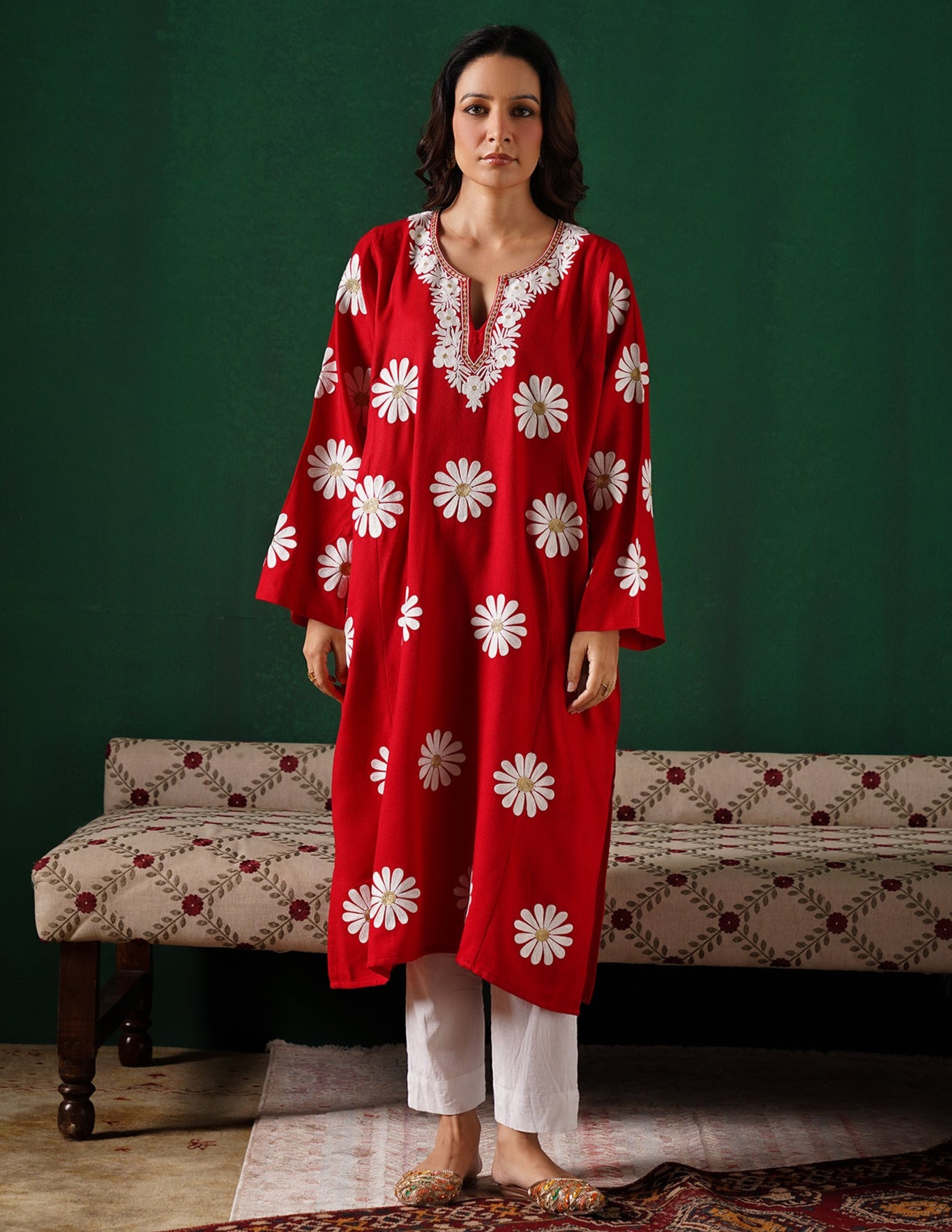 Kashmiri White Aari & Silver Zari Embroidered Woollen Phiran – Maroon | Timeless Winter Wear - Kashmir Box