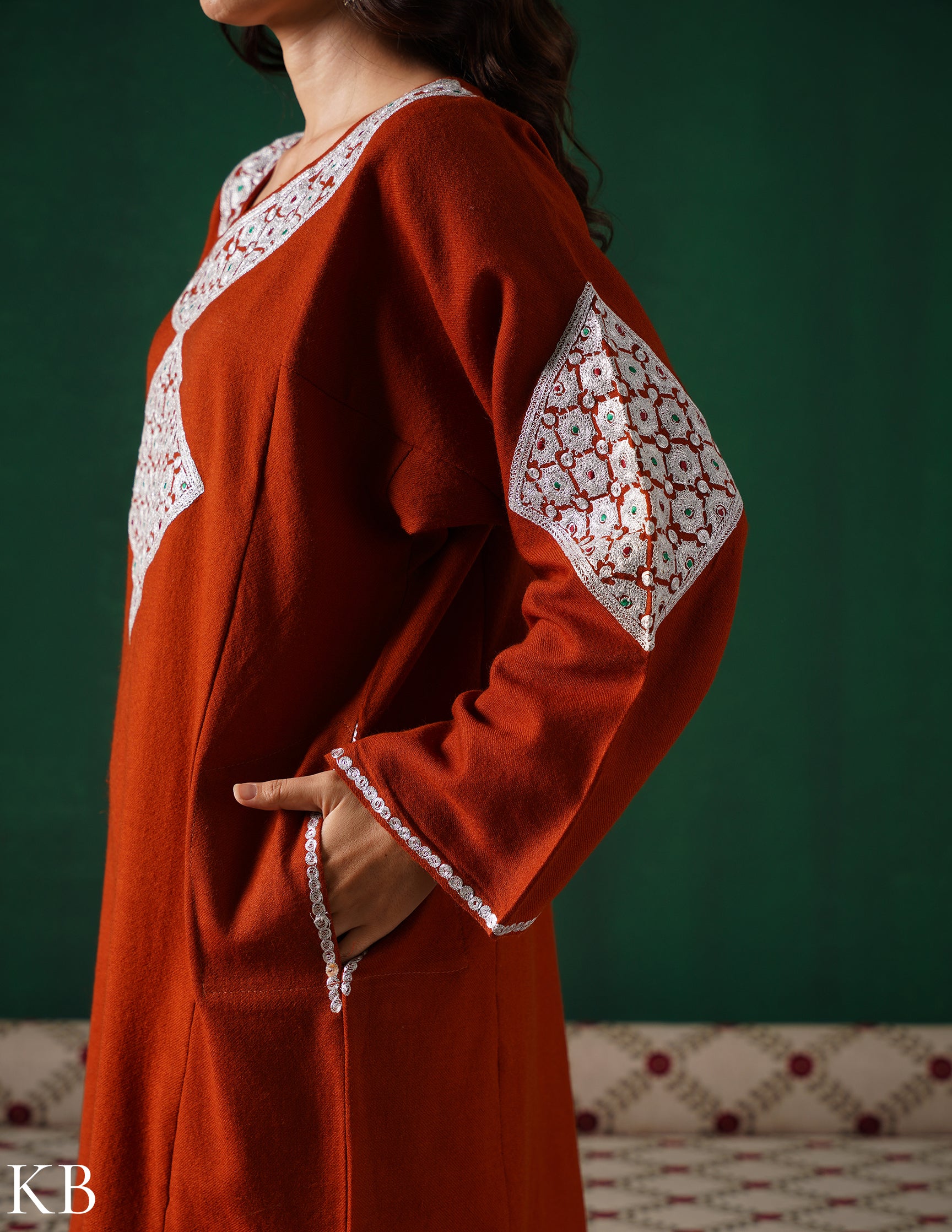 Kashmiri Silver Boti Tilla Embroidered Woollen Phiran – Rust Orange | Handcrafted Heritage - Kashmir Box