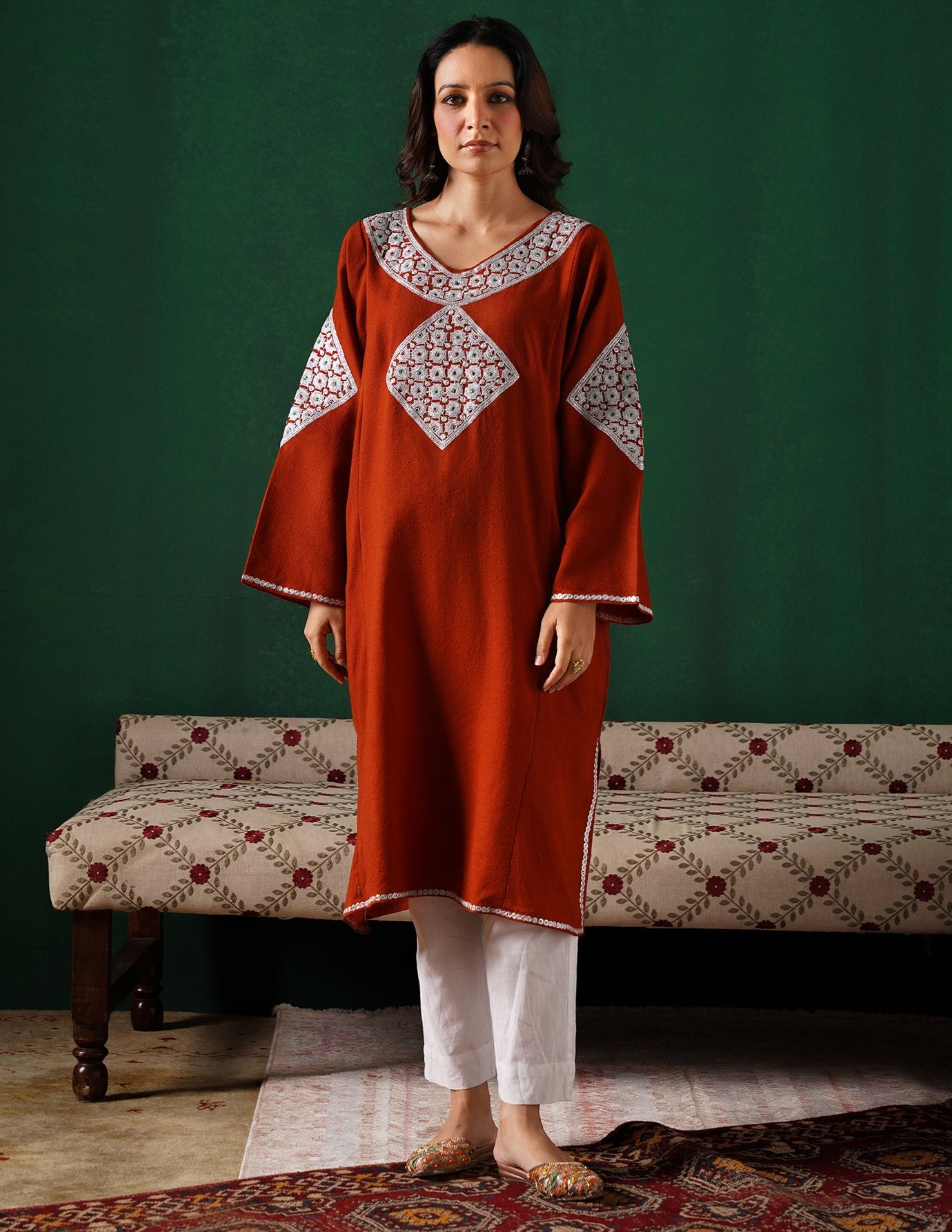 Kashmiri Silver Boti Tilla Embroidered Woollen Phiran – Rust Orange | Handcrafted Heritage - Kashmir Box