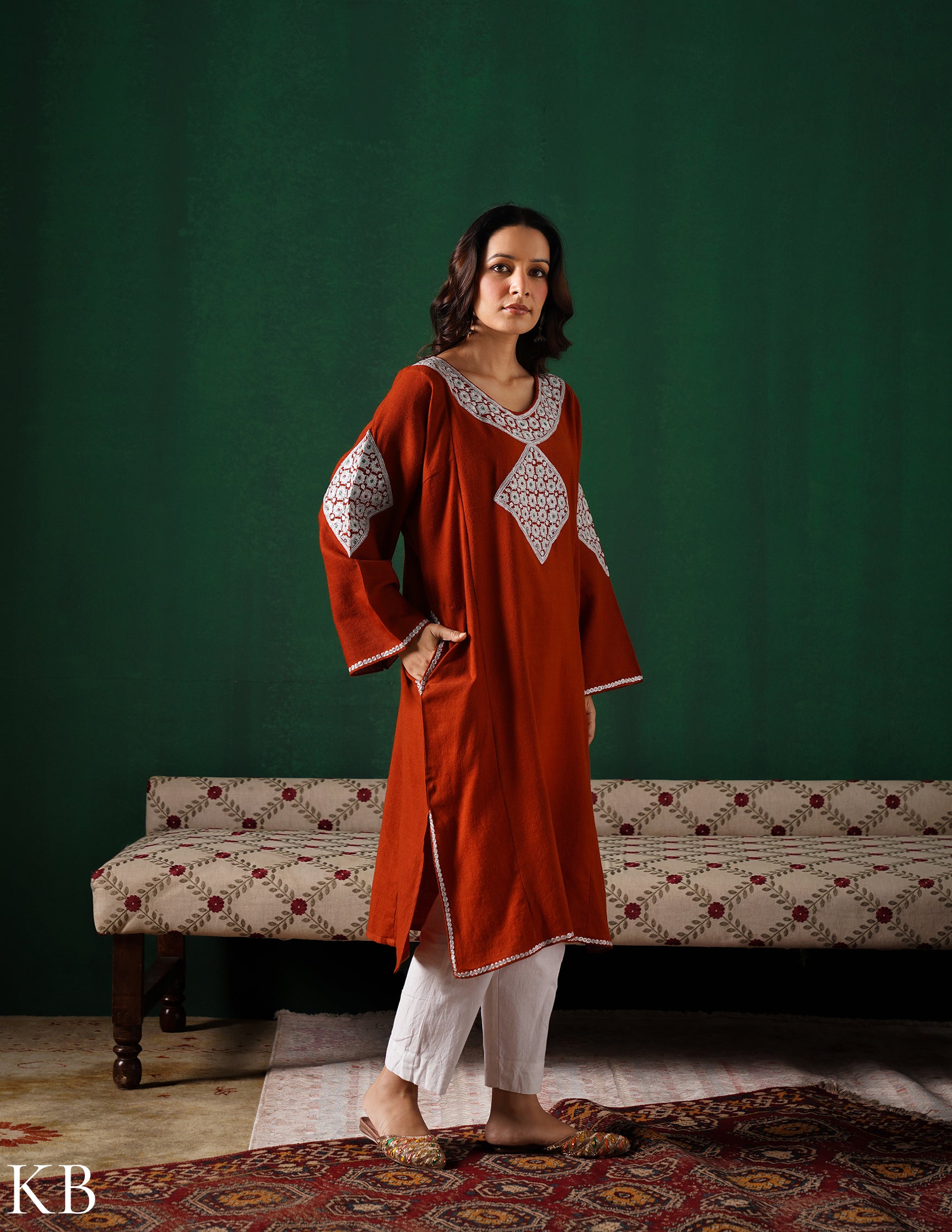 Kashmiri Silver Boti Tilla Embroidered Woollen Phiran – Rust Orange | Handcrafted Heritage - Kashmir Box