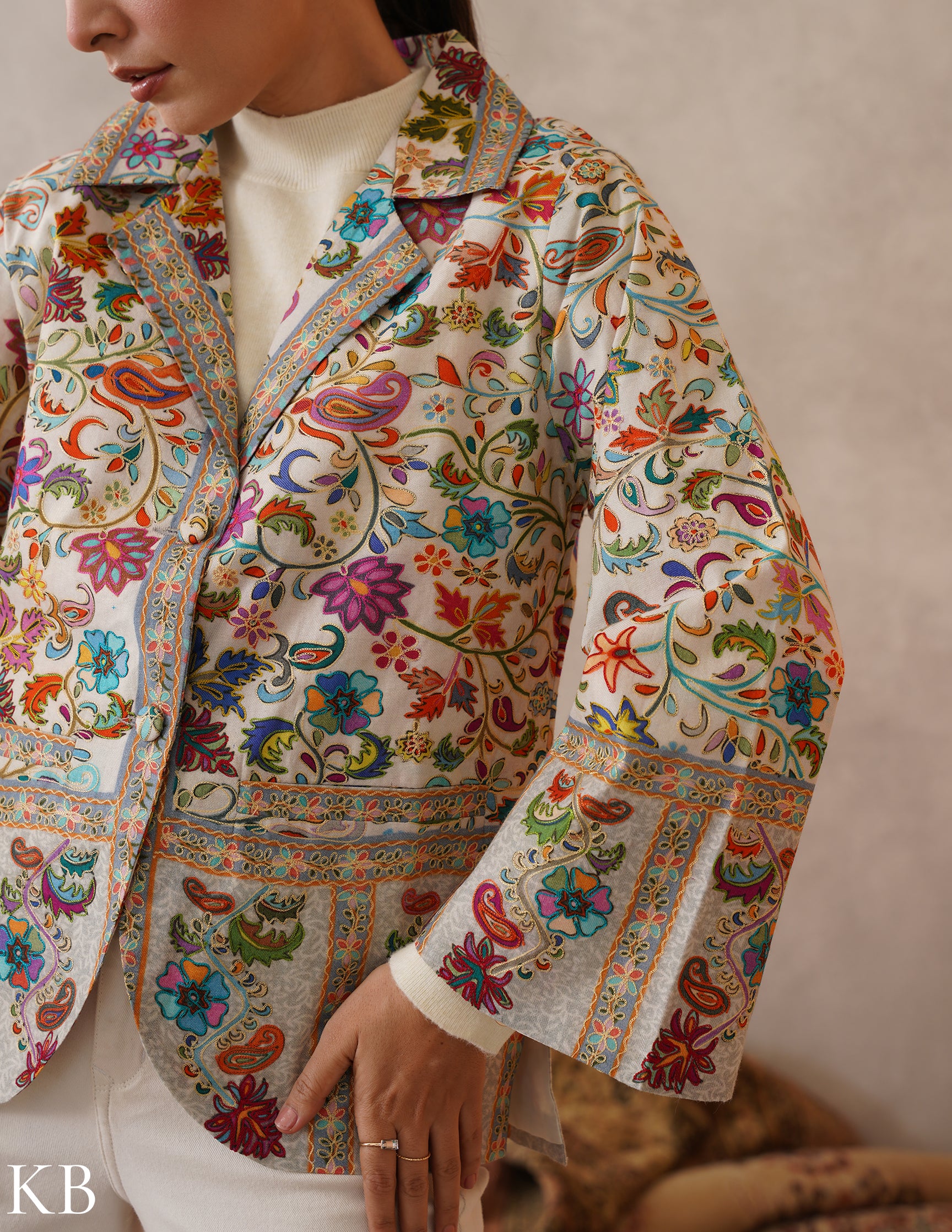 Nayaab Off-White Kalamkari Print Sozni Outlined Fine Wool Blazer - Kashmir Box