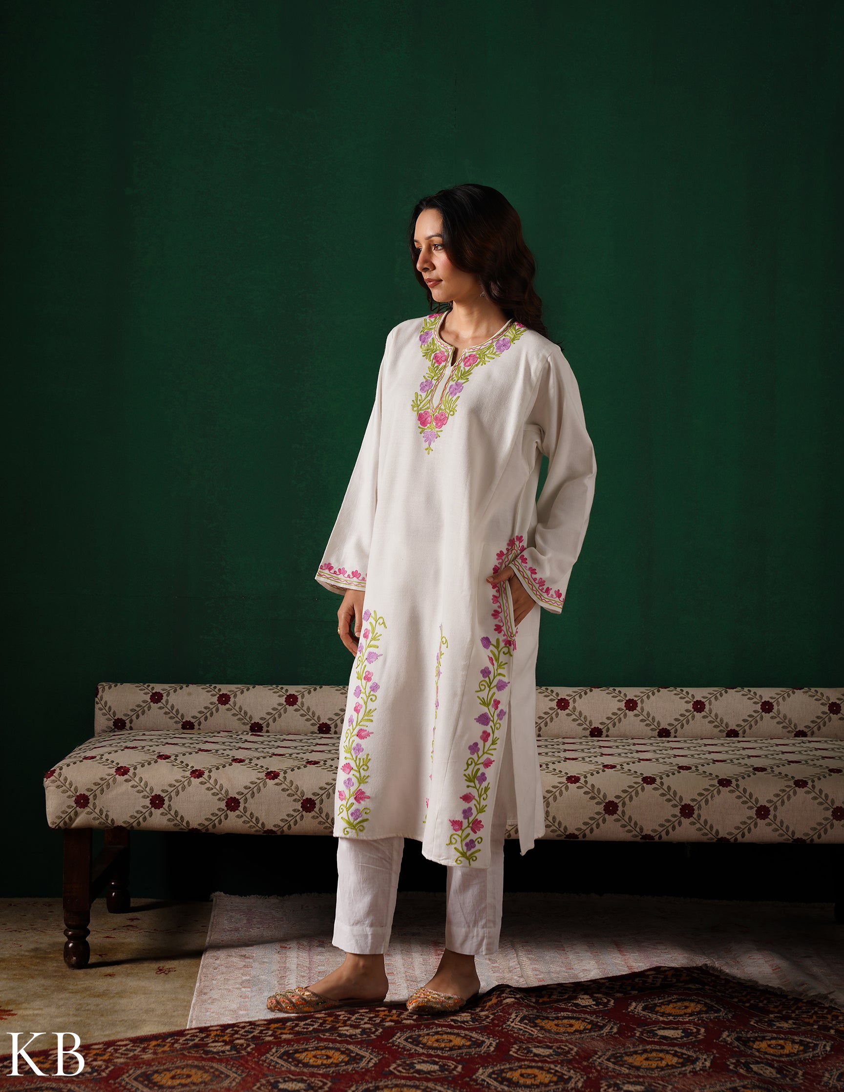 Kashmiri Pink, Green & Purple Aari Embroidered Woollen Phiran – White | Timeless Winter Wear - Kashmir Box